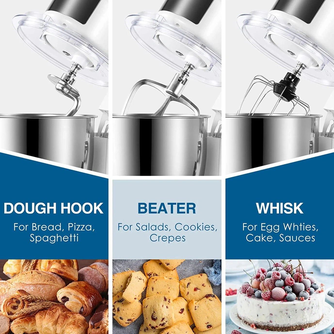 Food Processor Kneading Machine 1300W 5.5L Stainless Steel Bowl 10 Speed Settings with Whisk Mixing Bowl White view 3