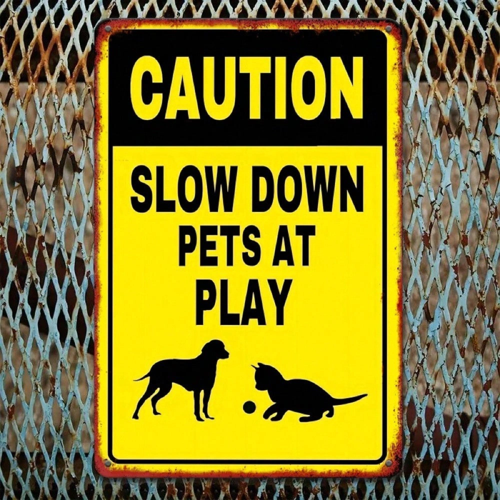 CIFbuy Slow Down Pets Playing Metal Sign, Yellow Pet Safety Warning Decor, 7.8x11.8 Inch Outdoor Indoor Gate Plaque,