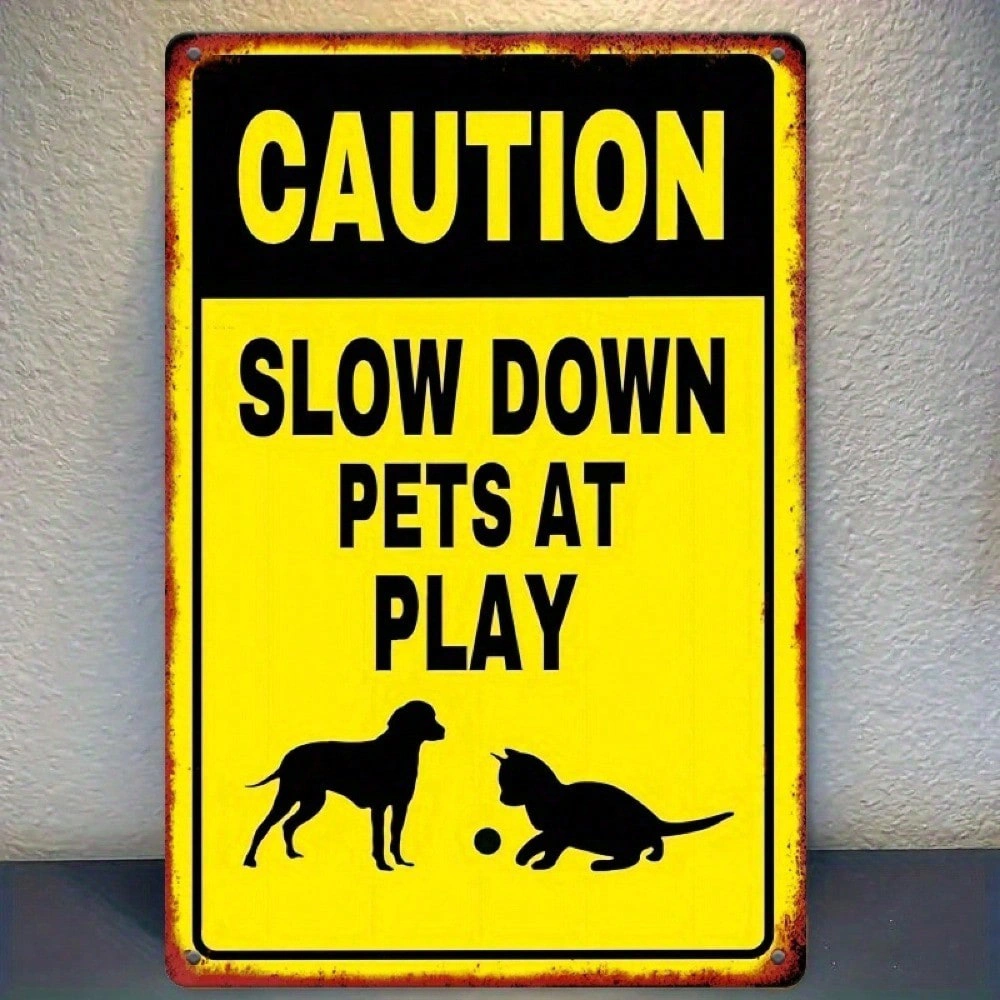 CIFbuy Slow Down Pets Playing Metal Sign, Yellow Pet Safety Warning Decor, 7.8x11.8 Inch Outdoor Indoor Gate Plaque, view 3