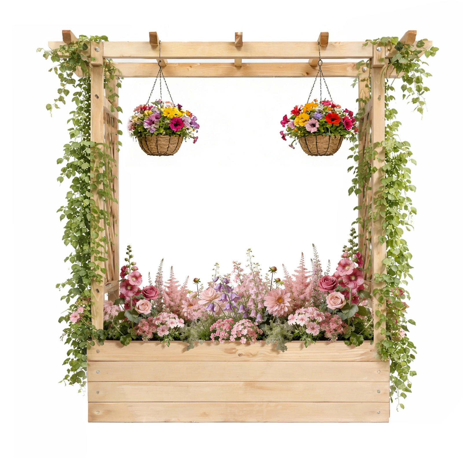Raised Garden Bed Wooden Planter Box, 43.5x17.5x44.5 Inch Fir Wood with Arched Lattice, Natural Outdoor Planting Frame view 12
