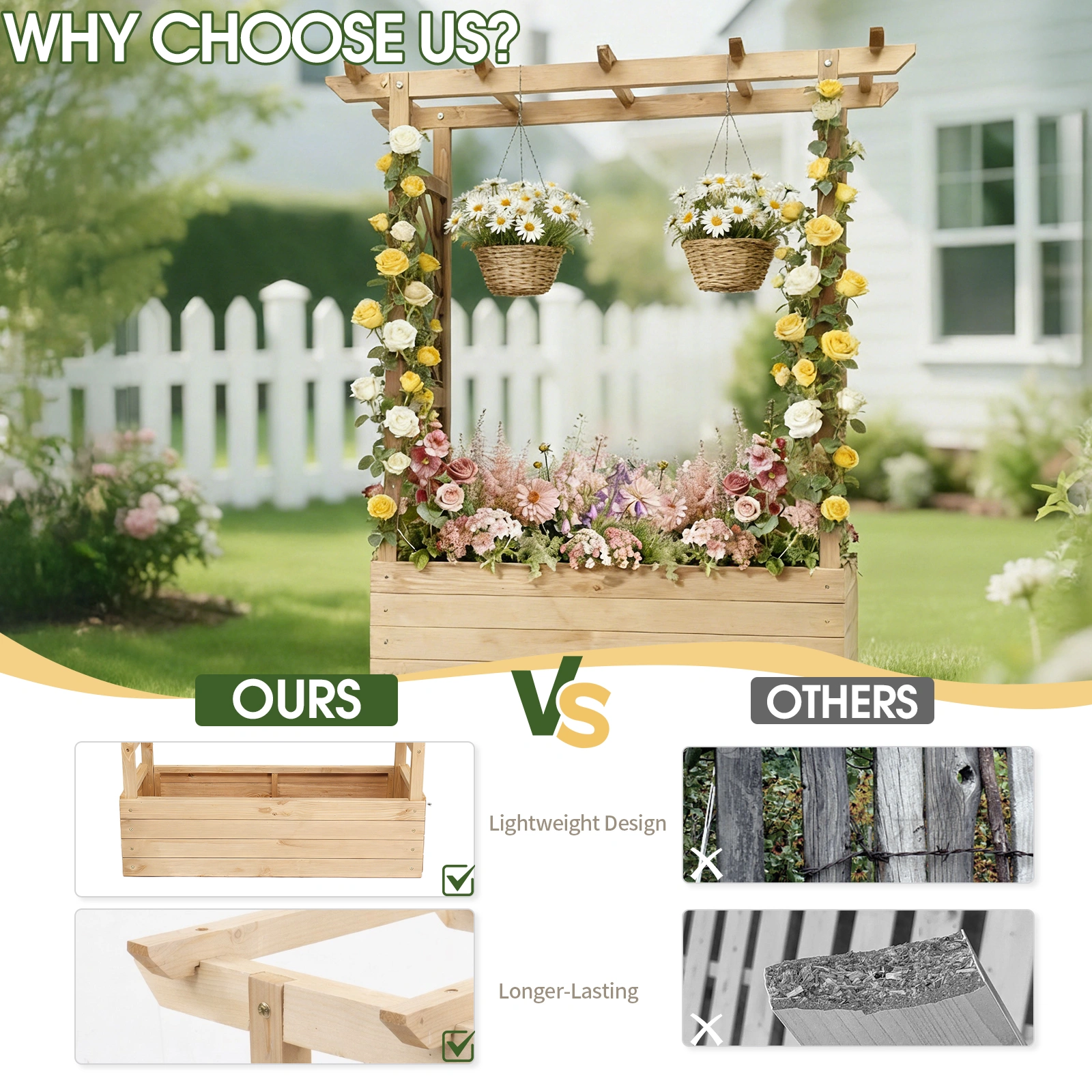 Raised Garden Bed Wooden Planter Box, 43.5x17.5x44.5 Inch Fir Wood with Arched Lattice, Natural Outdoor Planting Frame view 14