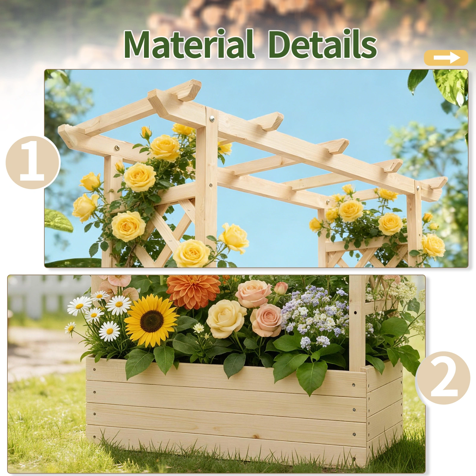 Raised Garden Bed Wooden Planter Box, 43.5x17.5x44.5 Inch Fir Wood with Arched Lattice, Natural Outdoor Planting Frame view 15