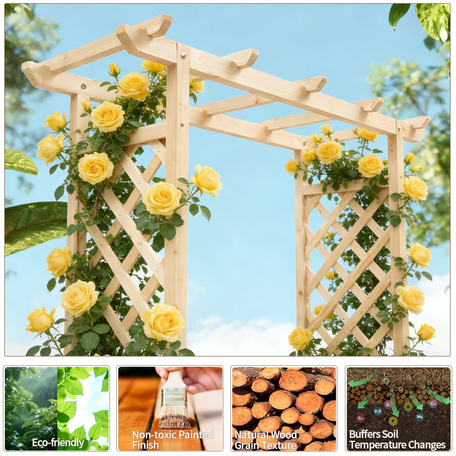 Raised Garden Bed Wooden Planter Box, 43.5x17.5x44.5 Inch Fir Wood with Arched Lattice, Natural Outdoor Planting Frame view 16