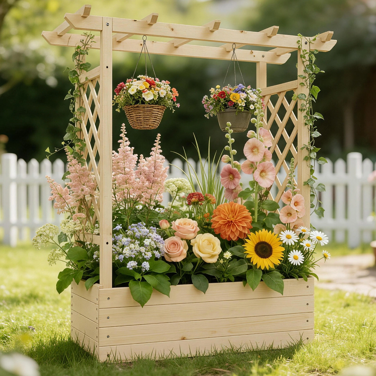 Raised Garden Bed Wooden Planter Box, 43.5x17.5x44.5 Inch Fir Wood with Arched Lattice, Natural Outdoor Planting Frame view 17