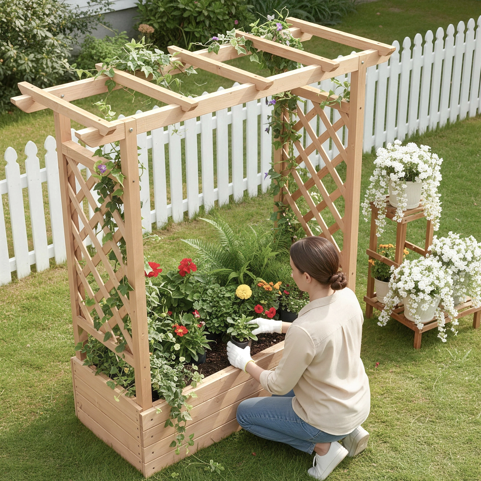 Raised Garden Bed Wooden Planter Box, 43.5x17.5x44.5 Inch Fir Wood with Arched Lattice, Natural Outdoor Planting Frame view 20