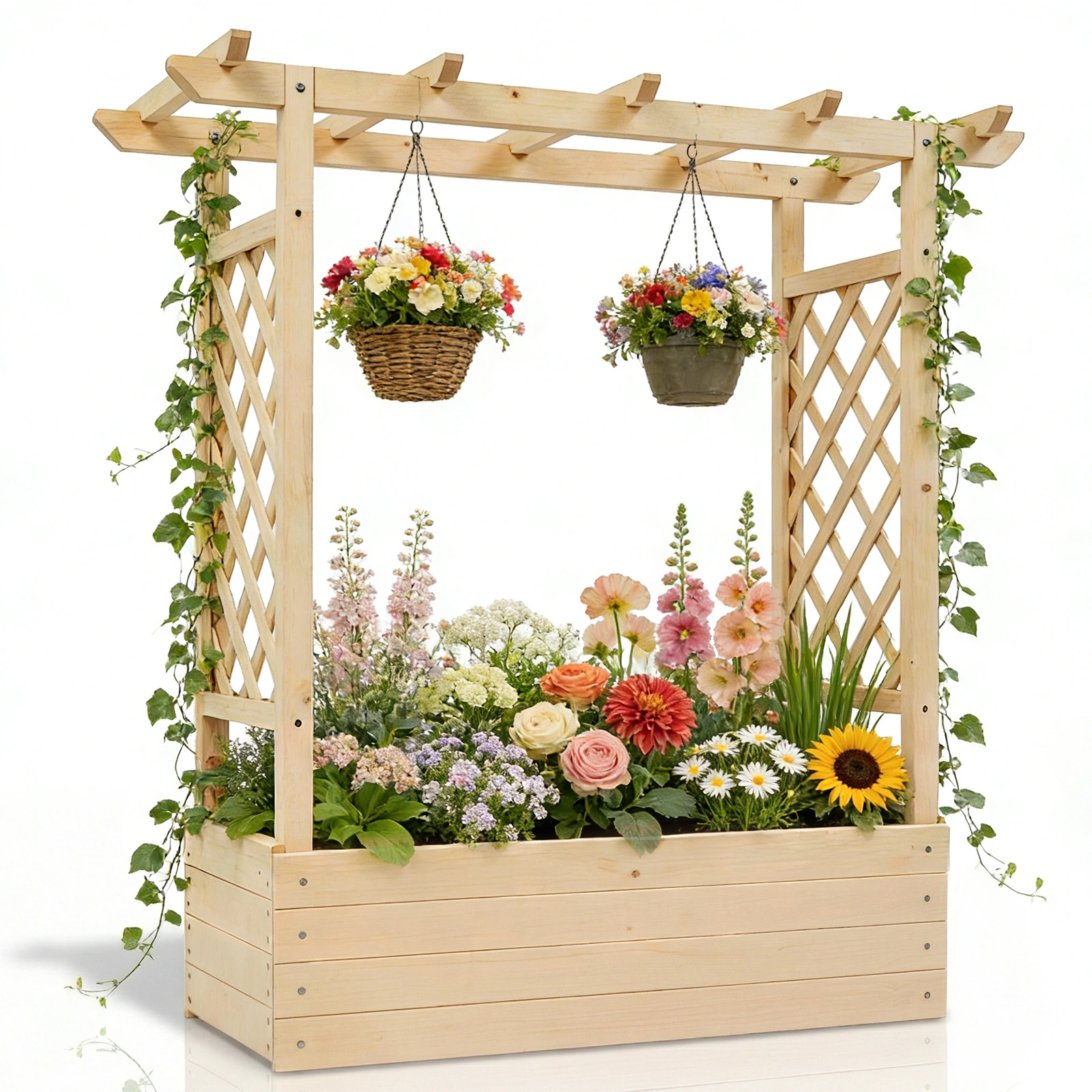 Raised Garden Bed Wooden Planter Box, 43.5x17.5x44.5 Inch Fir Wood with Arched Lattice, Natural Outdoor Planting Frame view 3