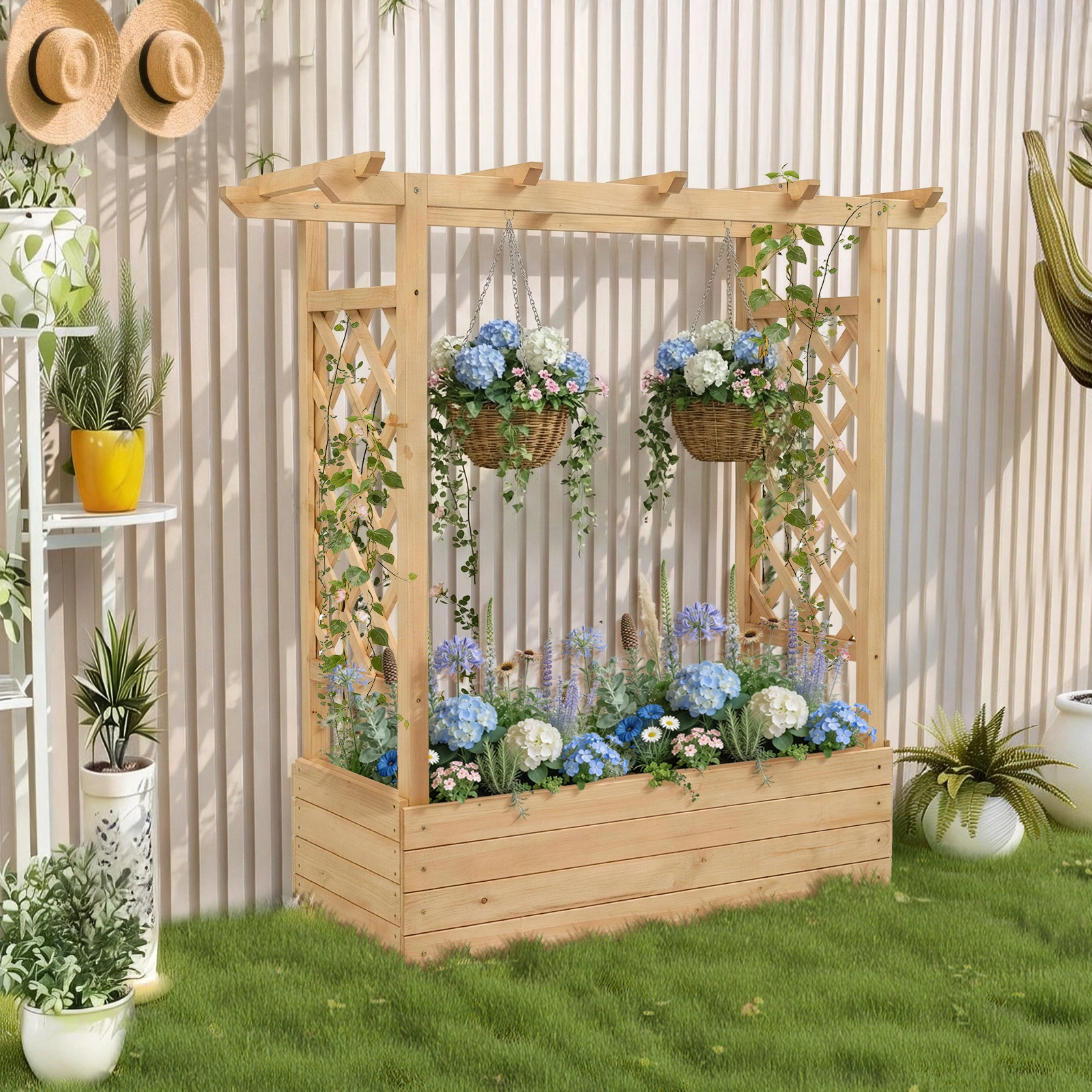 Raised Garden Bed Wooden Planter Box, 43.5x17.5x44.5 Inch Fir Wood with Arched Lattice, Natural Outdoor Planting Frame view 4