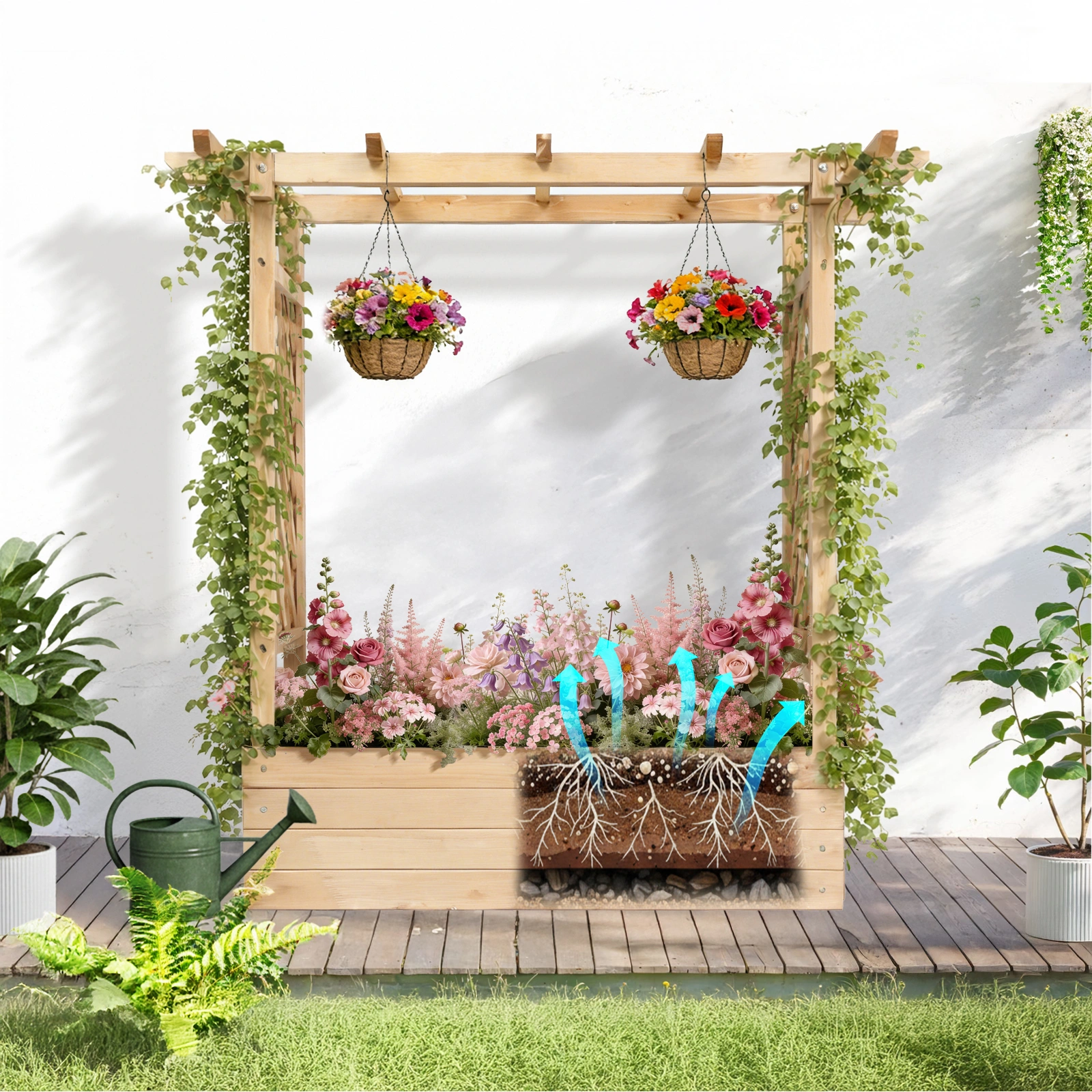 Raised Garden Bed Wooden Planter Box, 43.5x17.5x44.5 Inch Fir Wood with Arched Lattice, Natural Outdoor Planting Frame view 7