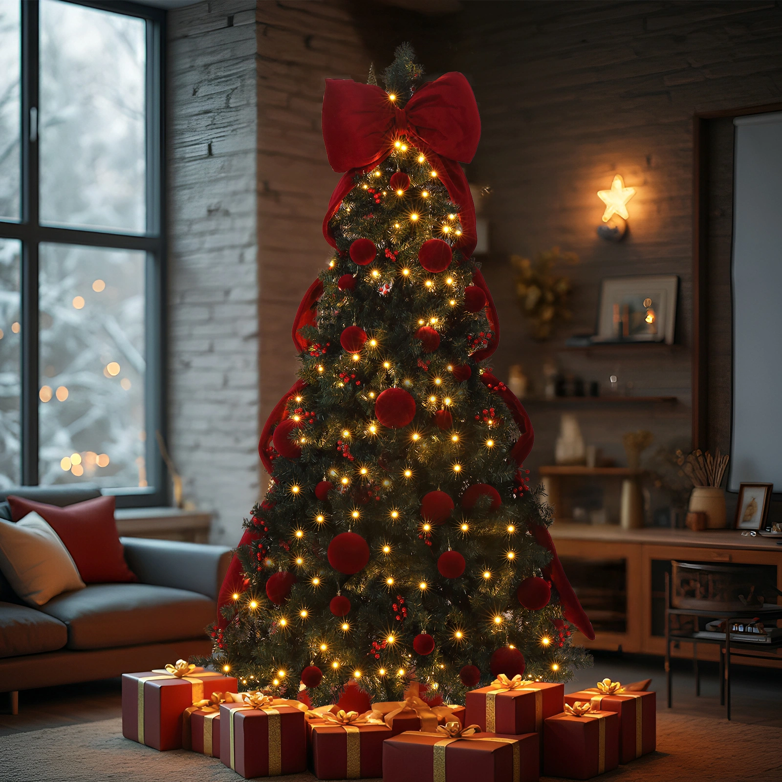 7.5 FT Artificial Christmas Tree with DIY 300 Warm White LED Lights, Hinged Xmas Pine Tree with Giant Bowknot and Red Ball Ornaments for Holiday Party Office Home, Dark Green Tree & Red Decor view 10