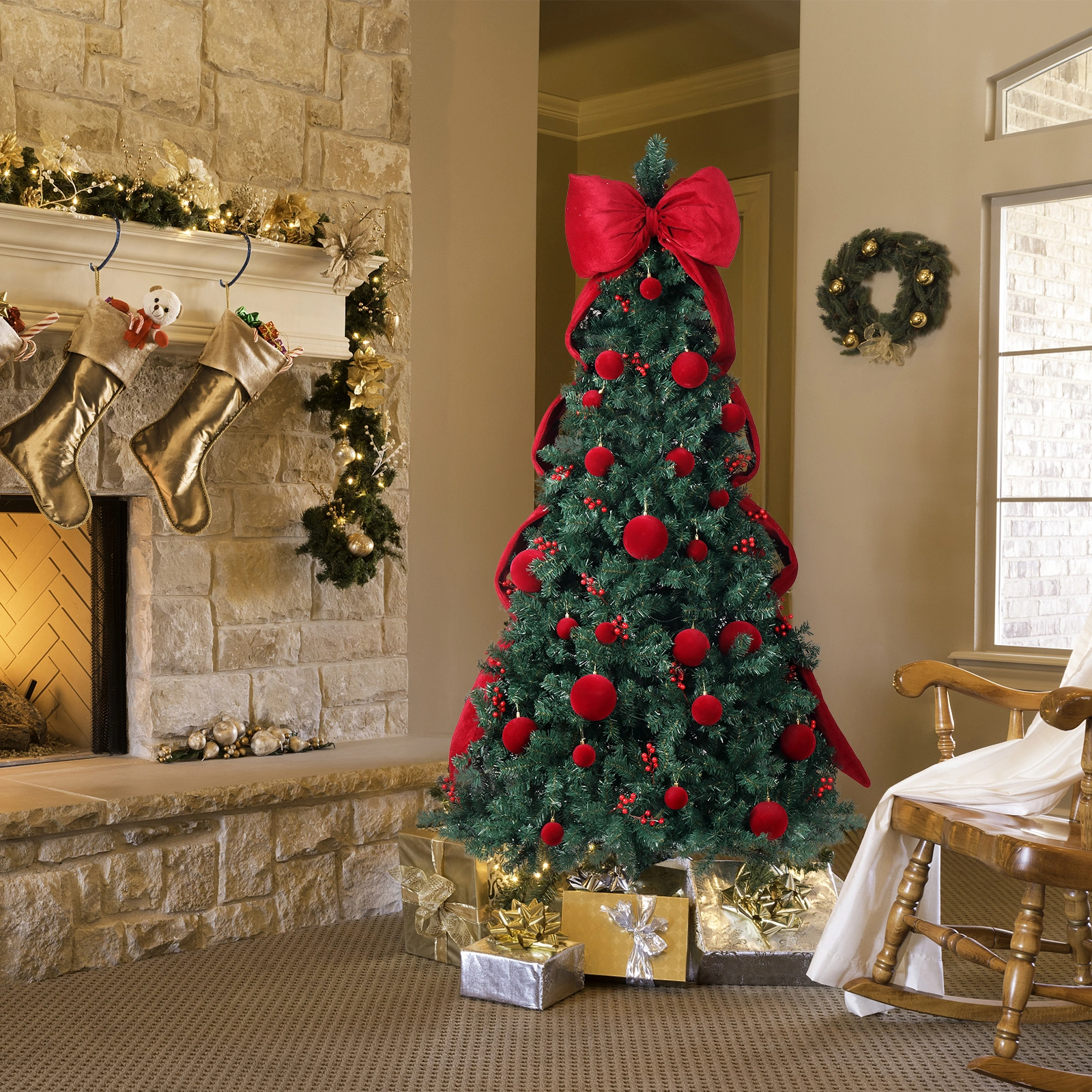 7.5 FT Artificial Christmas Tree with DIY 300 Warm White LED Lights, Hinged Xmas Pine Tree with Giant Bowknot and Red Ball Ornaments for Holiday Party Office Home, Dark Green Tree & Red Decor view 12