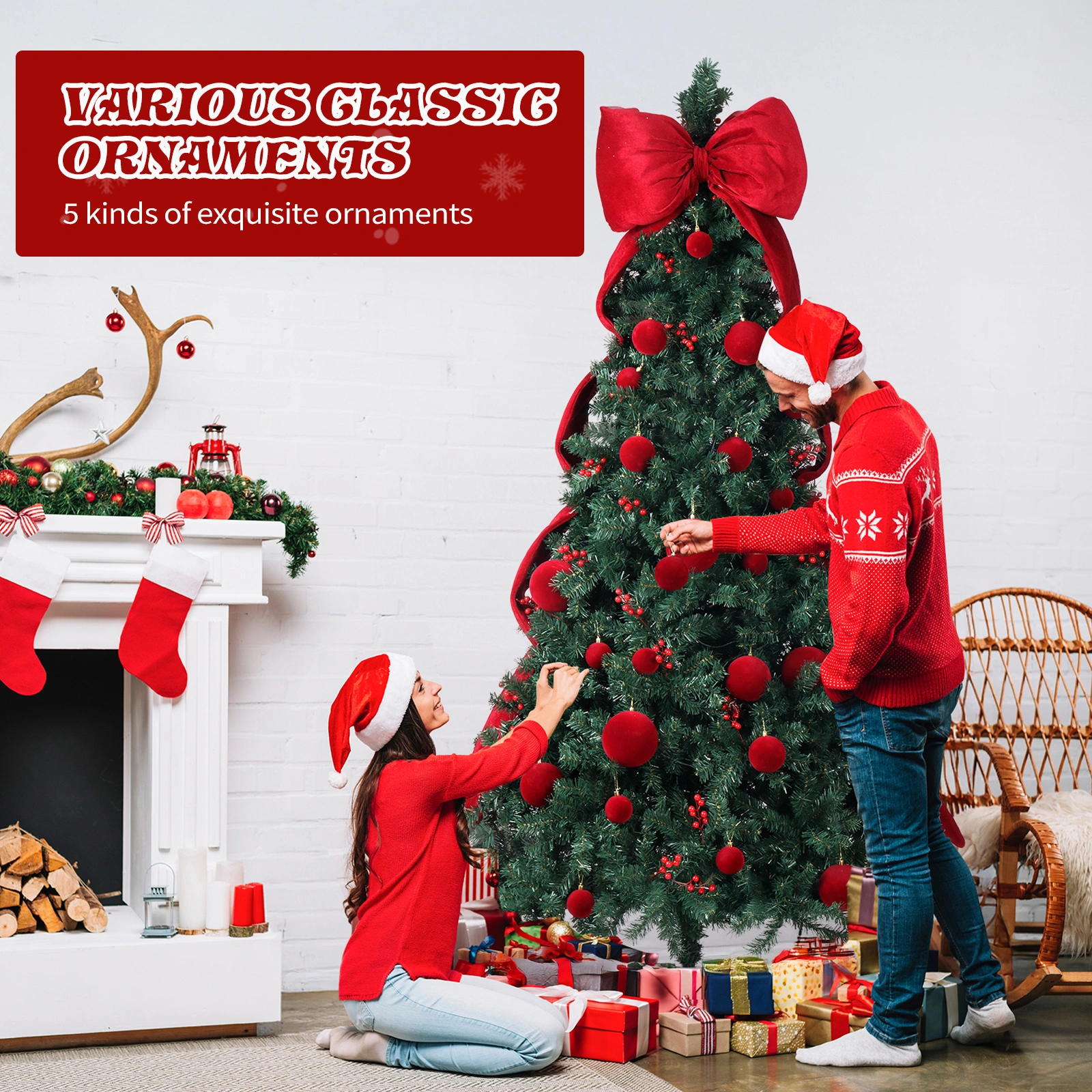 7.5 FT Artificial Christmas Tree with DIY 300 Warm White LED Lights, Hinged Xmas Pine Tree with Giant Bowknot and Red Ball Ornaments for Holiday Party Office Home, Dark Green Tree & Red Decor view 13