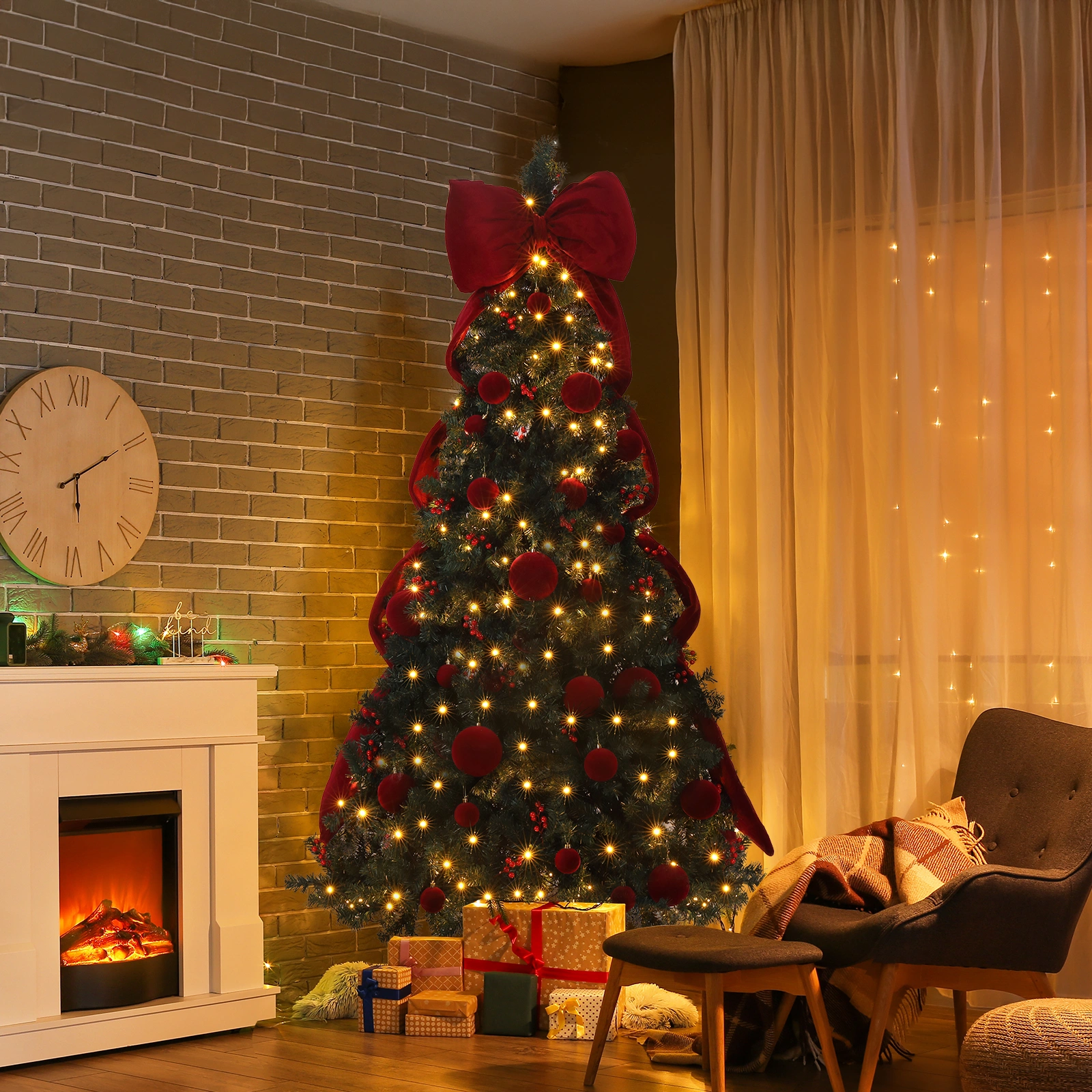 7.5 FT Artificial Christmas Tree with DIY 300 Warm White LED Lights, Hinged Xmas Pine Tree with Giant Bowknot and Red Ball Ornaments for Holiday Party Office Home, Dark Green Tree & Red Decor view 14