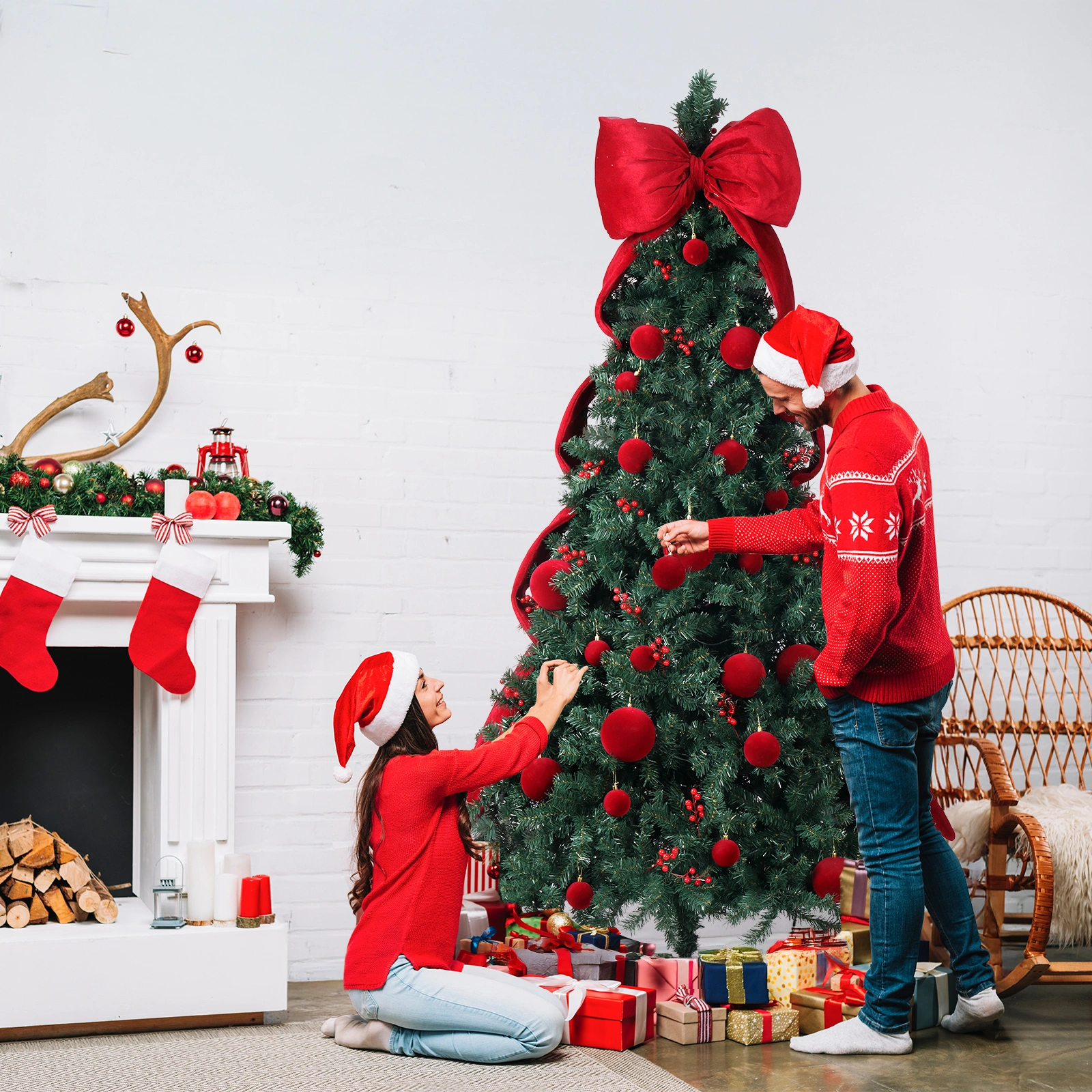 7.5 FT Artificial Christmas Tree with DIY 300 Warm White LED Lights, Hinged Xmas Pine Tree with Giant Bowknot and Red Ball Ornaments for Holiday Party Office Home, Dark Green Tree & Red Decor view 4