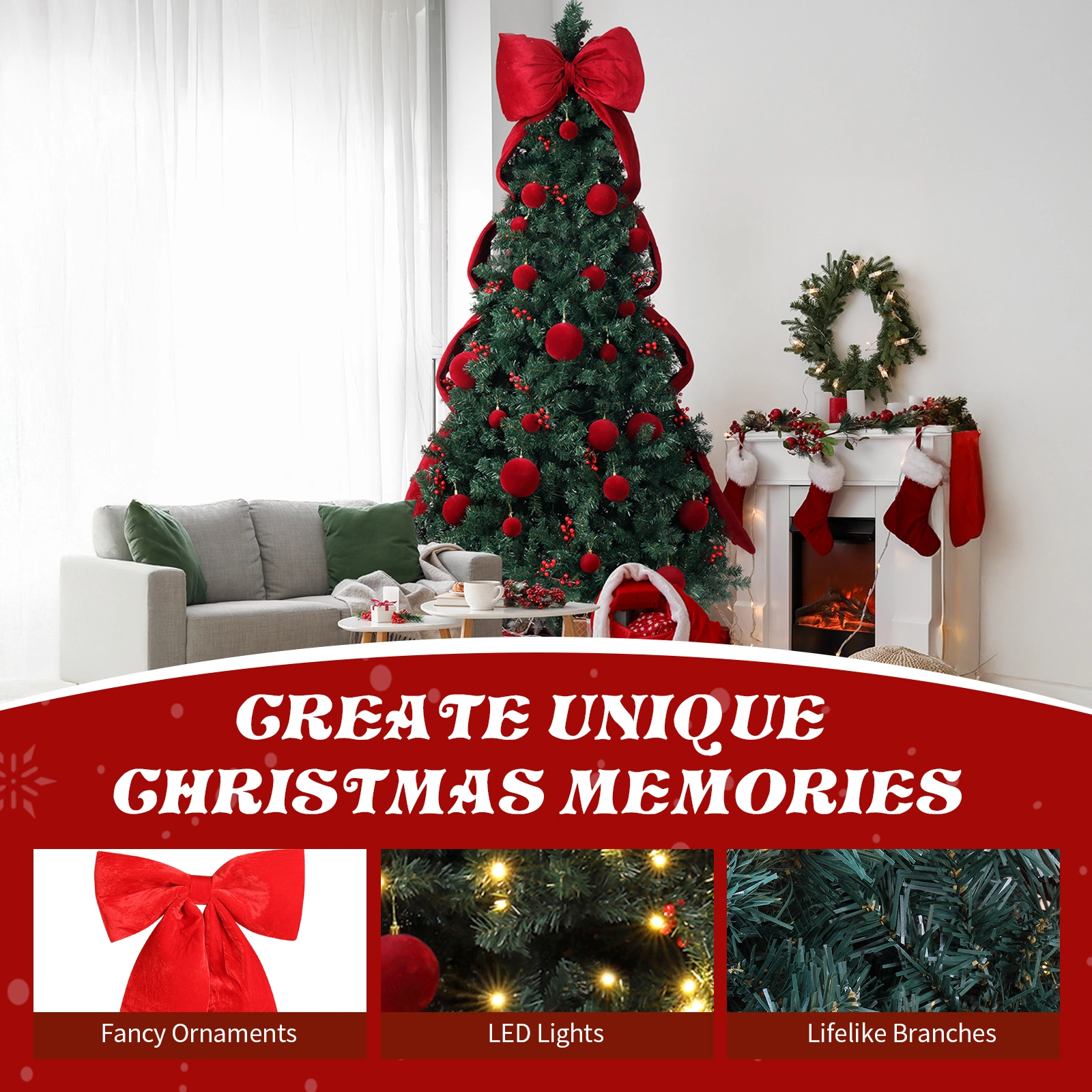 7.5 FT Artificial Christmas Tree with DIY 300 Warm White LED Lights, Hinged Xmas Pine Tree with Giant Bowknot and Red Ball Ornaments for Holiday Party Office Home, Dark Green Tree & Red Decor view 5