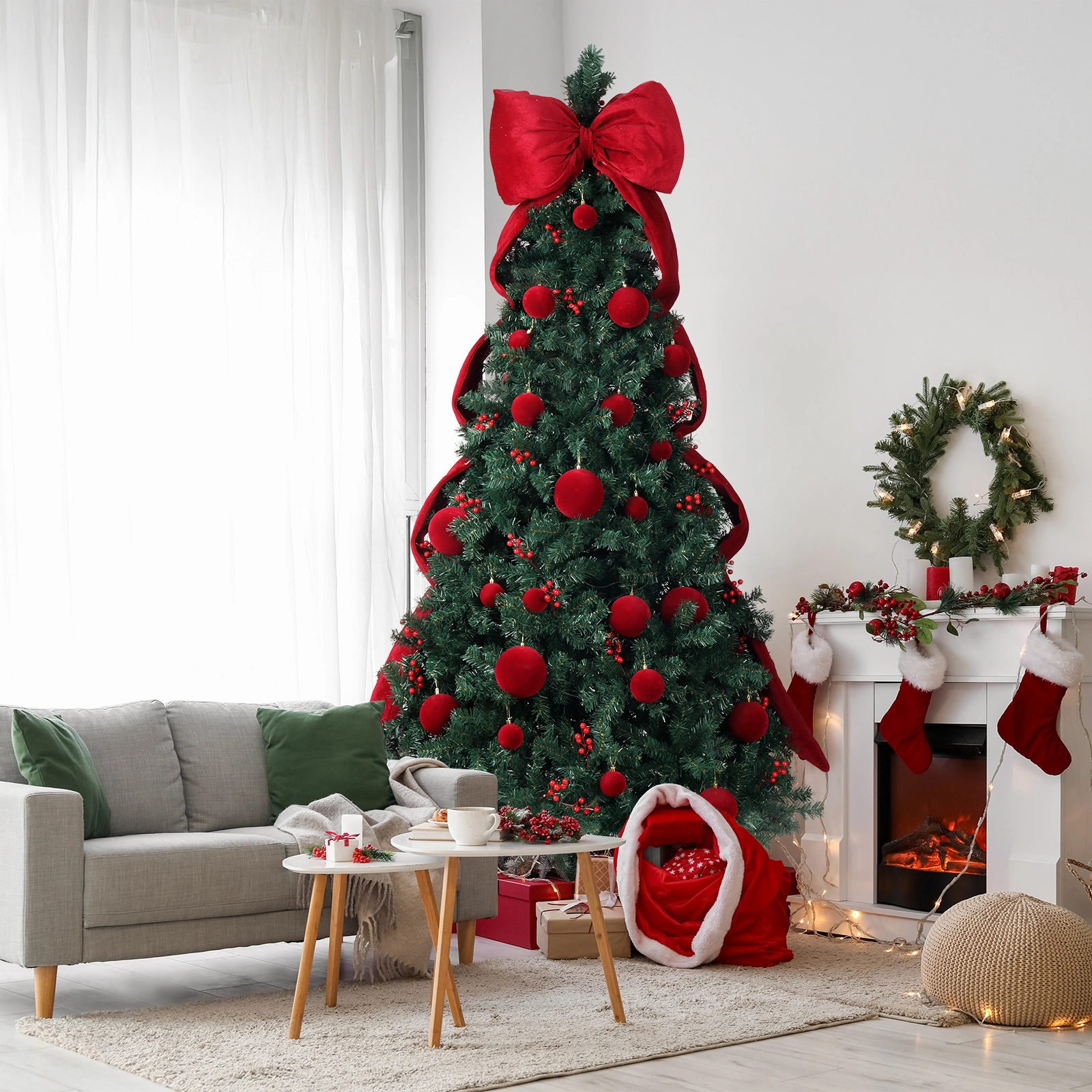 7.5 FT Artificial Christmas Tree with DIY 300 Warm White LED Lights, Hinged Xmas Pine Tree with Giant Bowknot and Red Ball Ornaments for Holiday Party Office Home, Dark Green Tree & Red Decor view 6
