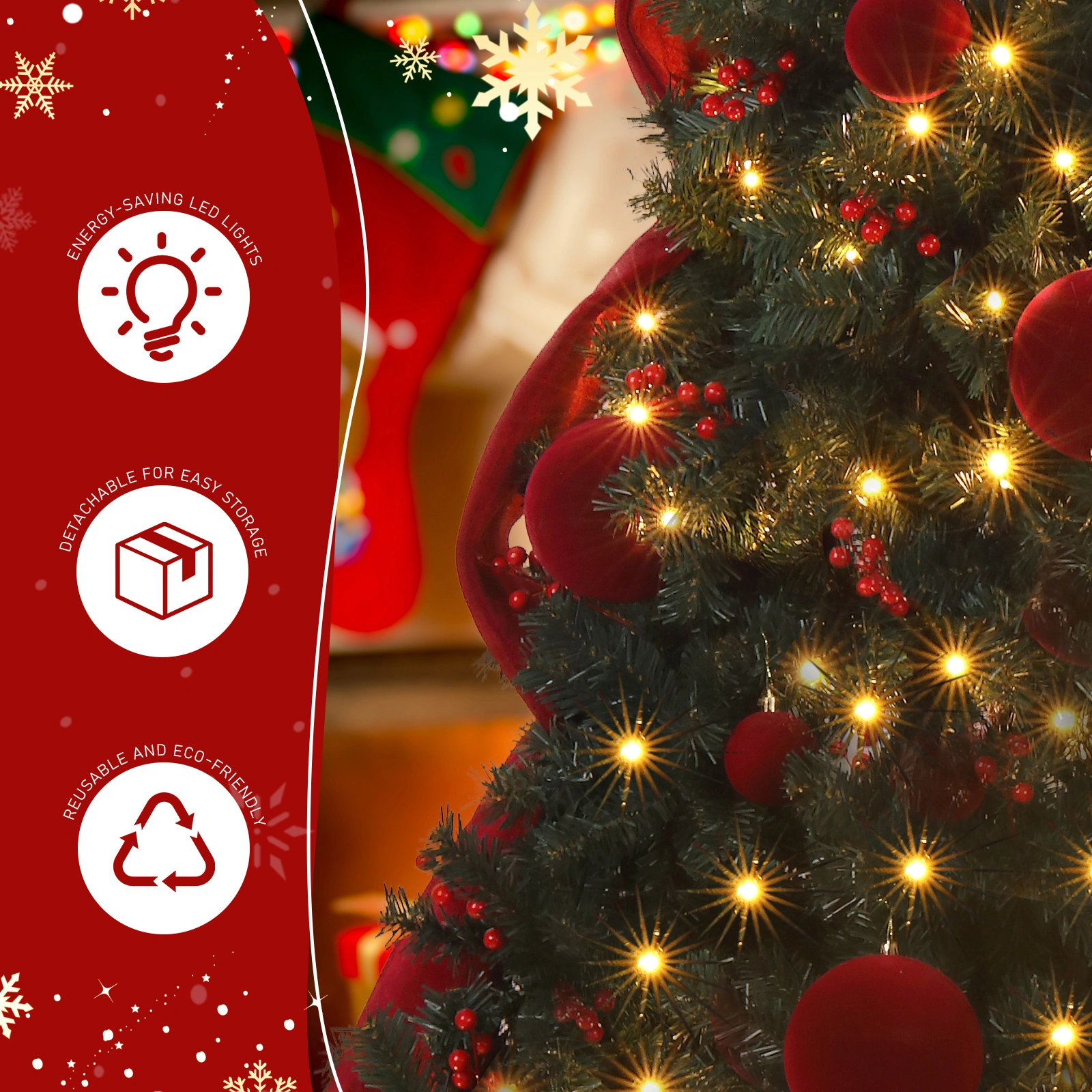 7.5 FT Artificial Christmas Tree with DIY 300 Warm White LED Lights, Hinged Xmas Pine Tree with Giant Bowknot and Red Ball Ornaments for Holiday Party Office Home, Dark Green Tree & Red Decor view 7