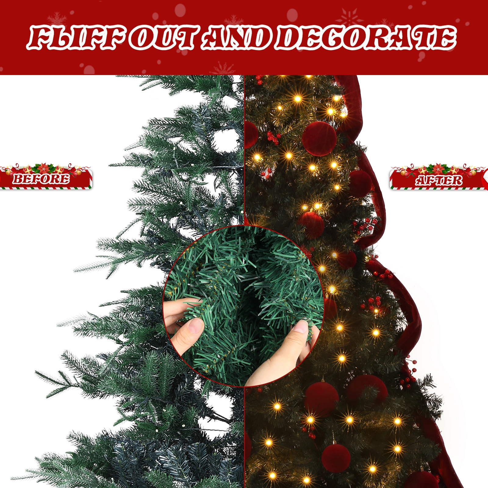 7.5 FT Artificial Christmas Tree with DIY 300 Warm White LED Lights, Hinged Xmas Pine Tree with Giant Bowknot and Red Ball Ornaments for Holiday Party Office Home, Dark Green Tree & Red Decor view 8