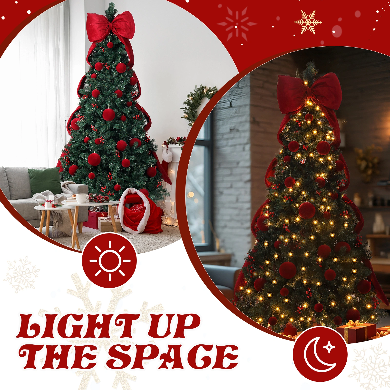 7.5 FT Artificial Christmas Tree with DIY 300 Warm White LED Lights, Hinged Xmas Pine Tree with Giant Bowknot and Red Ball Ornaments for Holiday Party Office Home, Dark Green Tree & Red Decor view 9