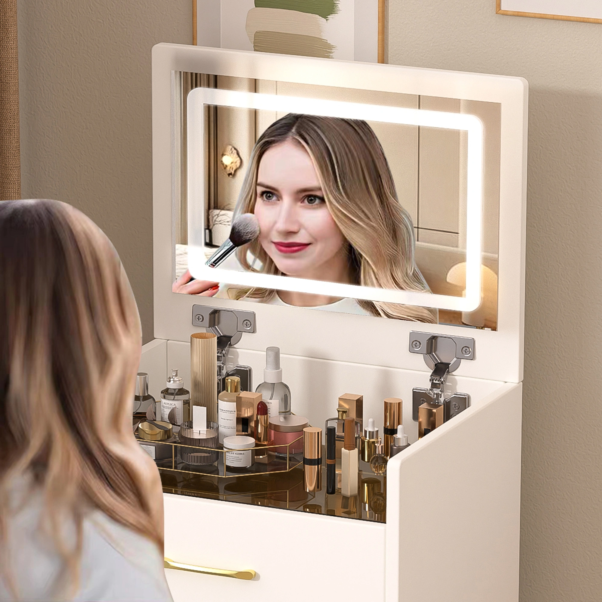 3-in-1 Vanity Desk with Mirror, Glass Top Makeup Vanity Table with 3 Drawers, Small Dressing Table for Bedroom view 6