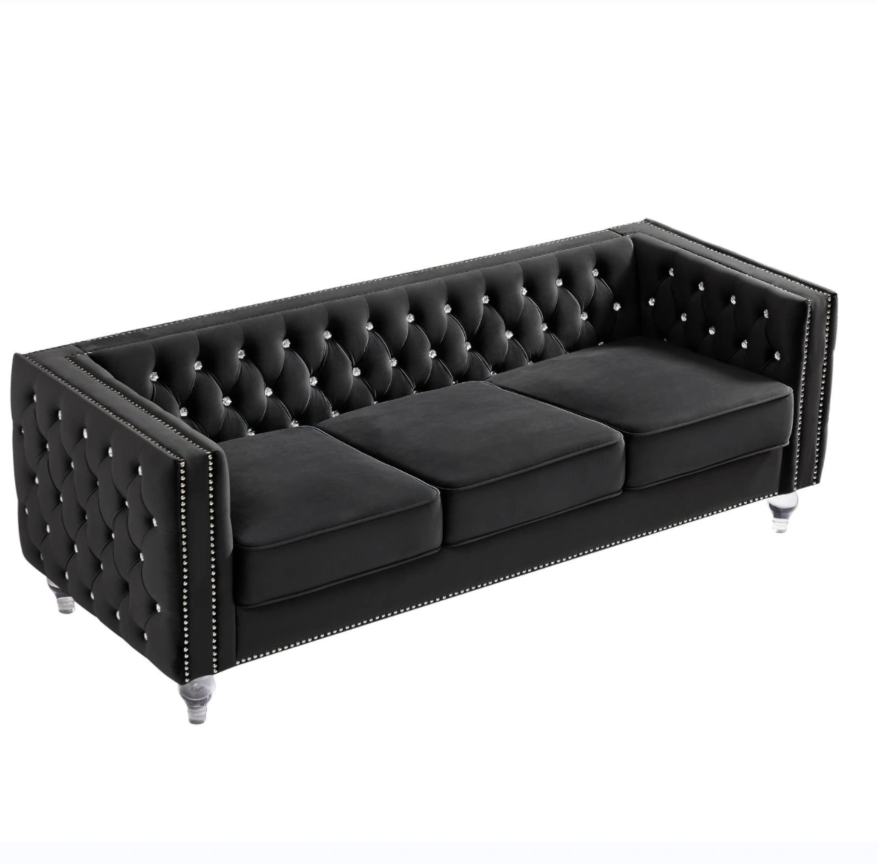 Black 2+3 Seat Sofa Set, Velvet Crystal Buckle Upholstery Couch with Crystal Legs, Removable Cushion & 4 Plush Pillows, Free Storage Stool view 10