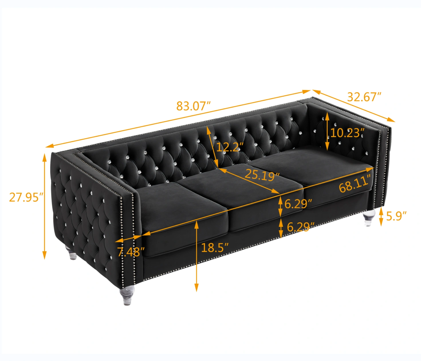 Black 2+3 Seat Sofa Set, Velvet Crystal Buckle Upholstery Couch with Crystal Legs, Removable Cushion & 4 Plush Pillows, Free Storage Stool view 15