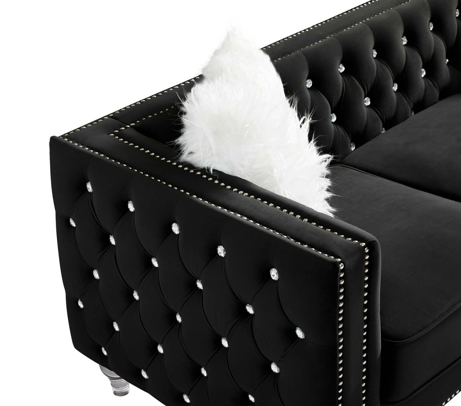 Black 2+3 Seat Sofa Set, Velvet Crystal Buckle Upholstery Couch with Crystal Legs, Removable Cushion & 4 Plush Pillows, Free Storage Stool view 17