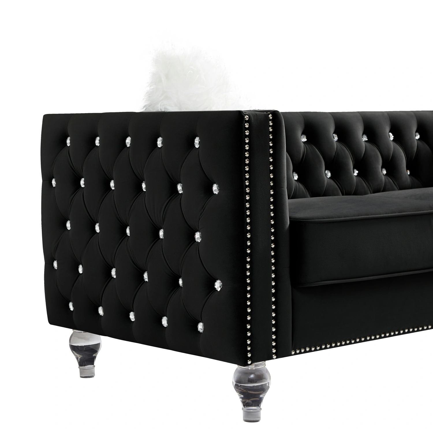 Black 2+3 Seat Sofa Set, Velvet Crystal Buckle Upholstery Couch with Crystal Legs, Removable Cushion & 4 Plush Pillows, Free Storage Stool view 18