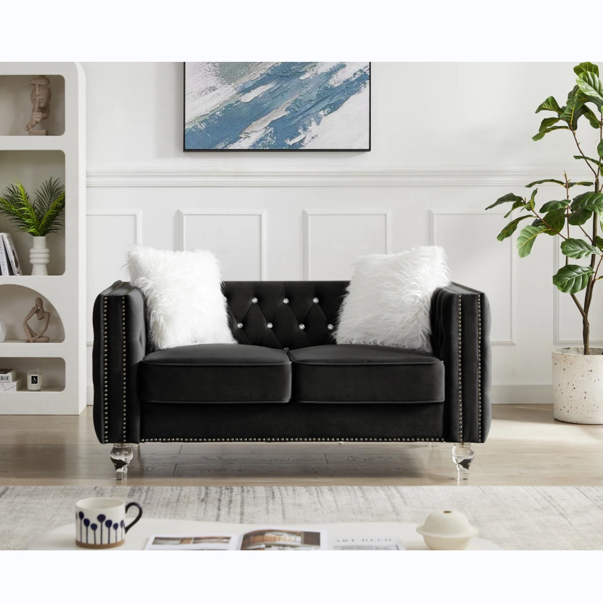 Black 2+3 Seat Sofa Set, Velvet Crystal Buckle Upholstery Couch with Crystal Legs, Removable Cushion & 4 Plush Pillows, Free Storage Stool view 5