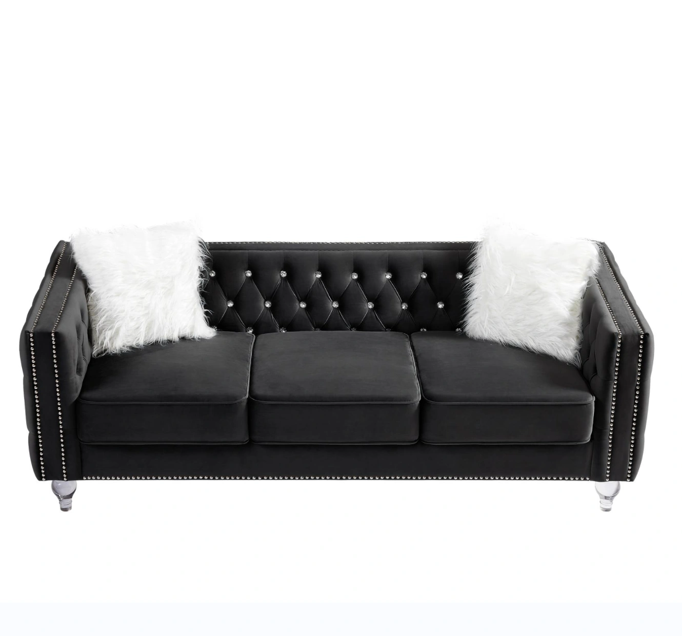Black 2+3 Seat Sofa Set, Velvet Crystal Buckle Upholstery Couch with Crystal Legs, Removable Cushion & 4 Plush Pillows, Free Storage Stool view 8