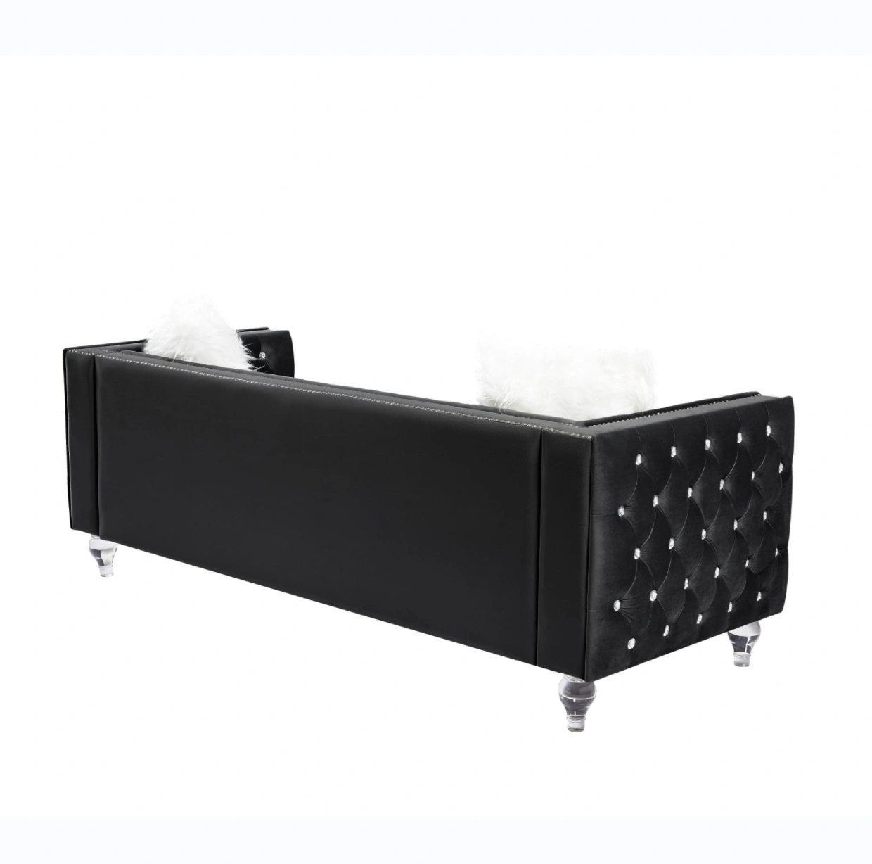Black 2+3 Seat Sofa Set, Velvet Crystal Buckle Upholstery Couch with Crystal Legs, Removable Cushion & 4 Plush Pillows, Free Storage Stool view 9