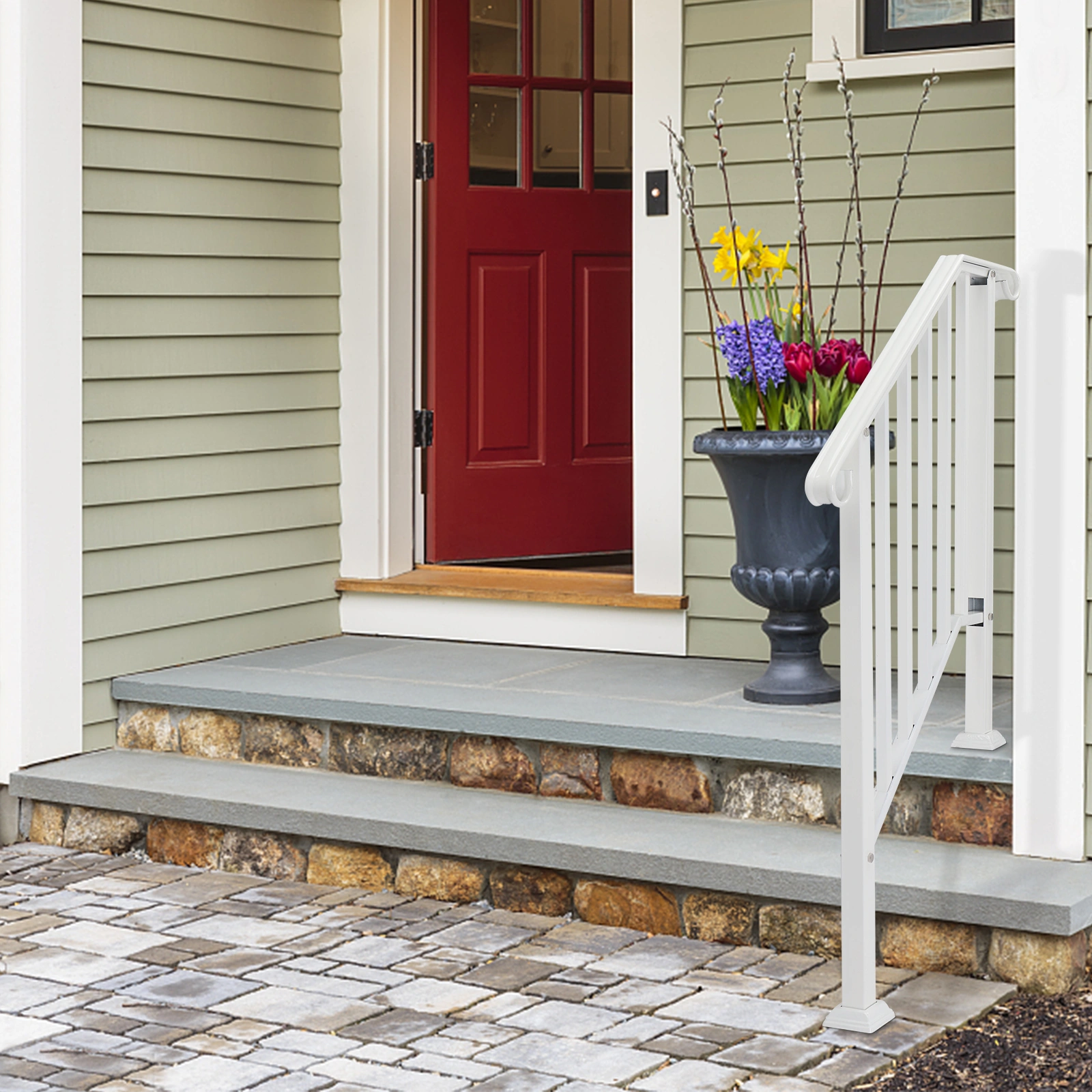 Handrails for Outdoor Steps, Iron Handrail Fits 2 Step, Transitional Handrail with Installation Kit, White view 10
