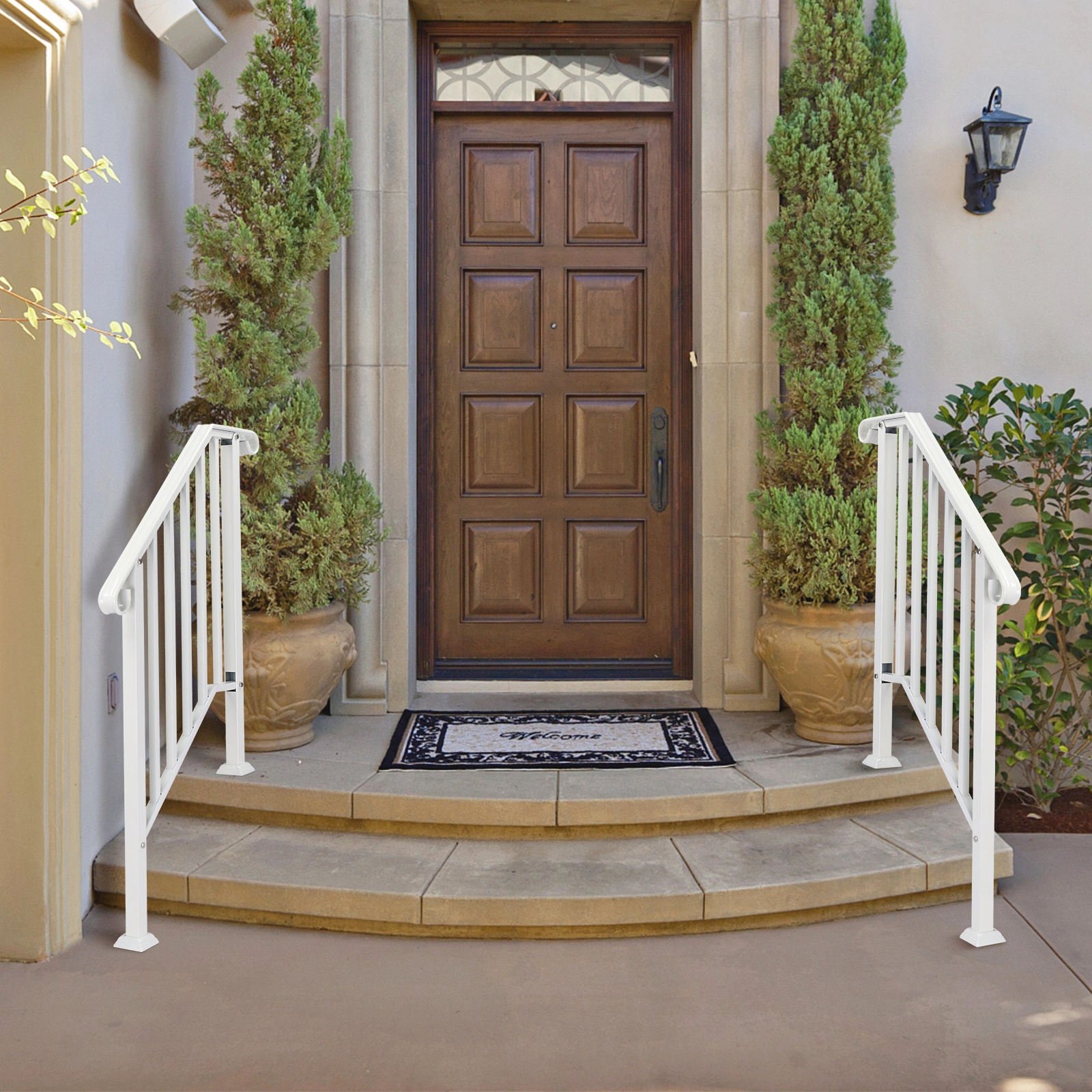 Handrails for Outdoor Steps, Iron Handrail Fits 2 Step, Transitional Handrail with Installation Kit, White view 11
