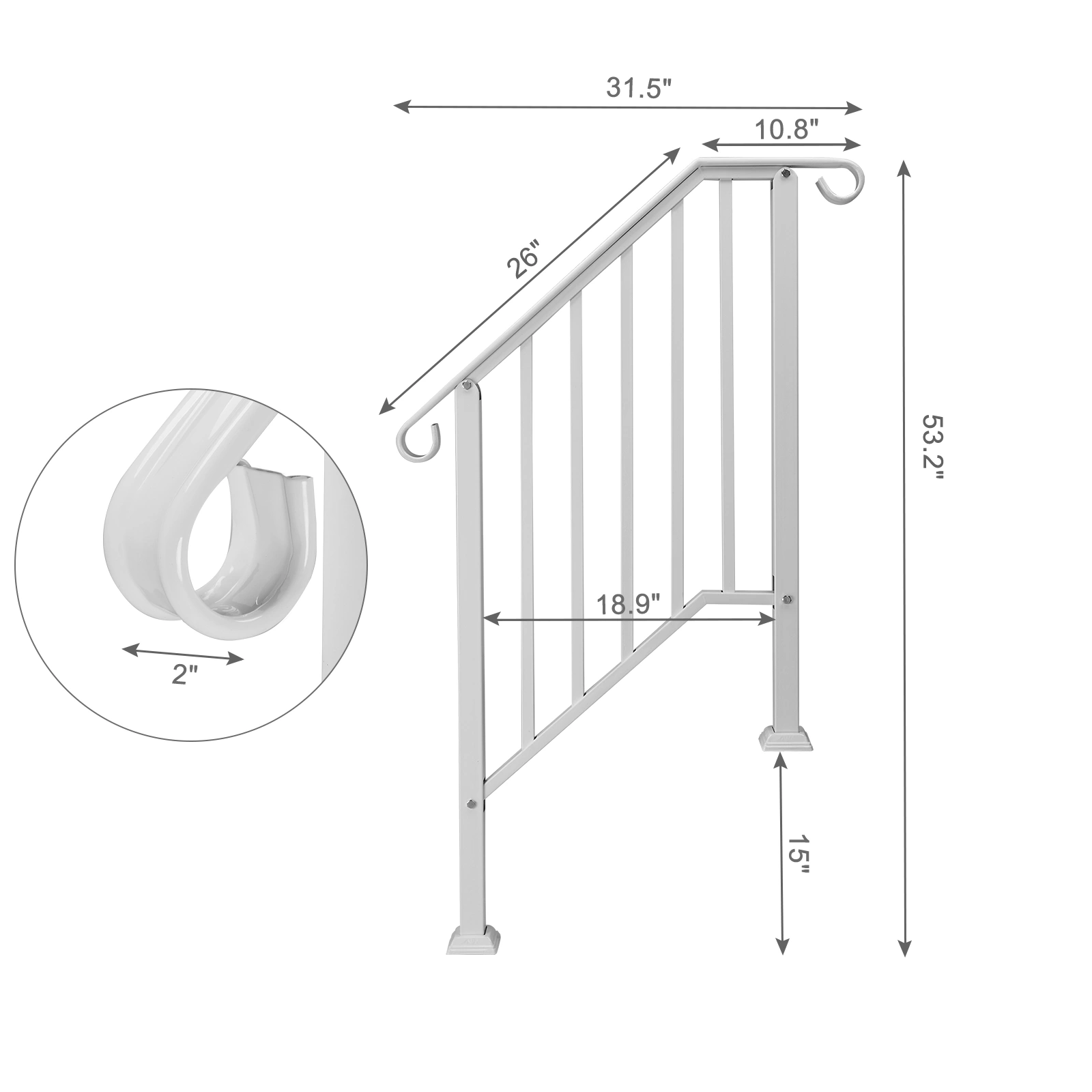 Handrails for Outdoor Steps, Iron Handrail Fits 2 Step, Transitional Handrail with Installation Kit, White view 4