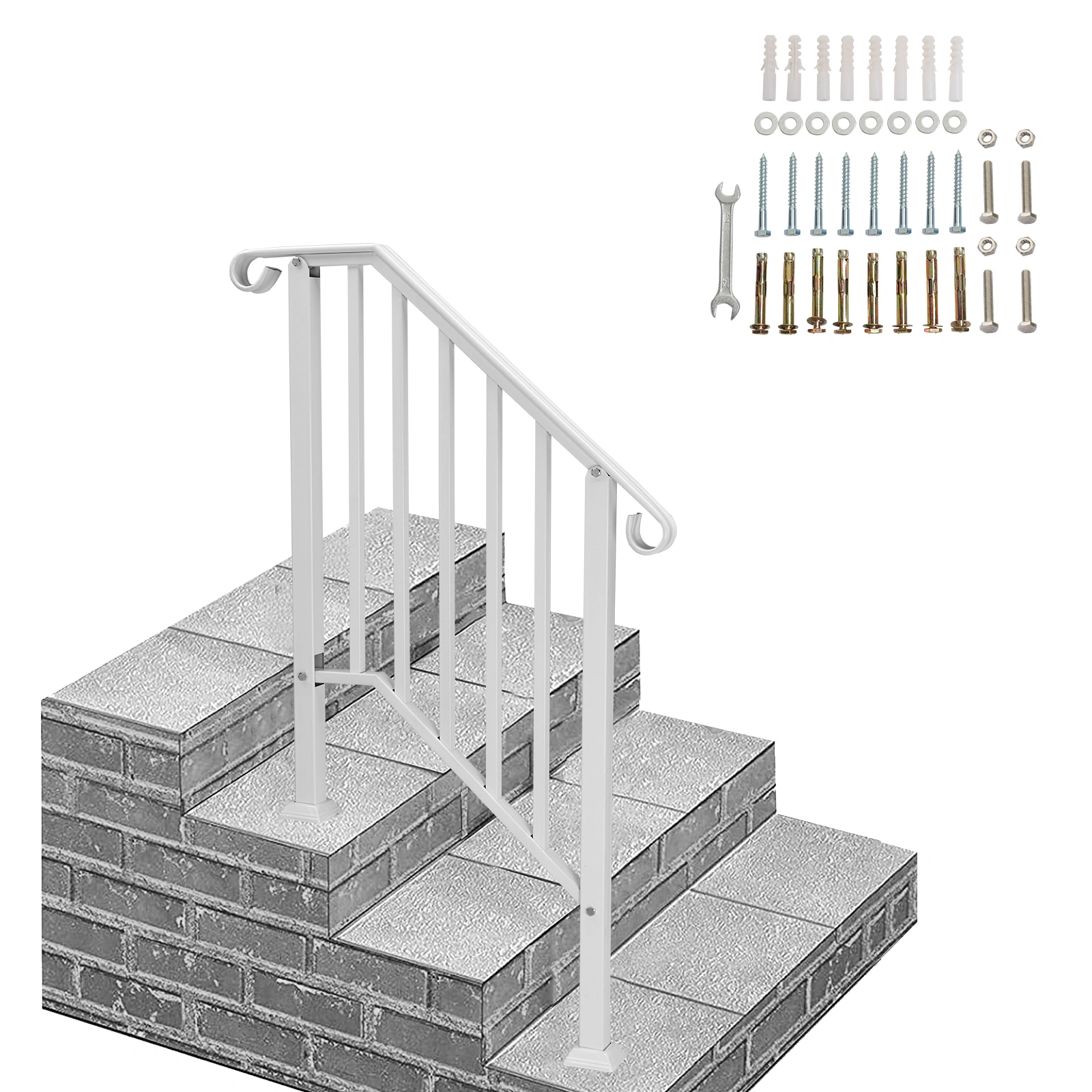 Handrails for Outdoor Steps, Iron Handrail Fits 2 Step, Transitional Handrail with Installation Kit, White view 6