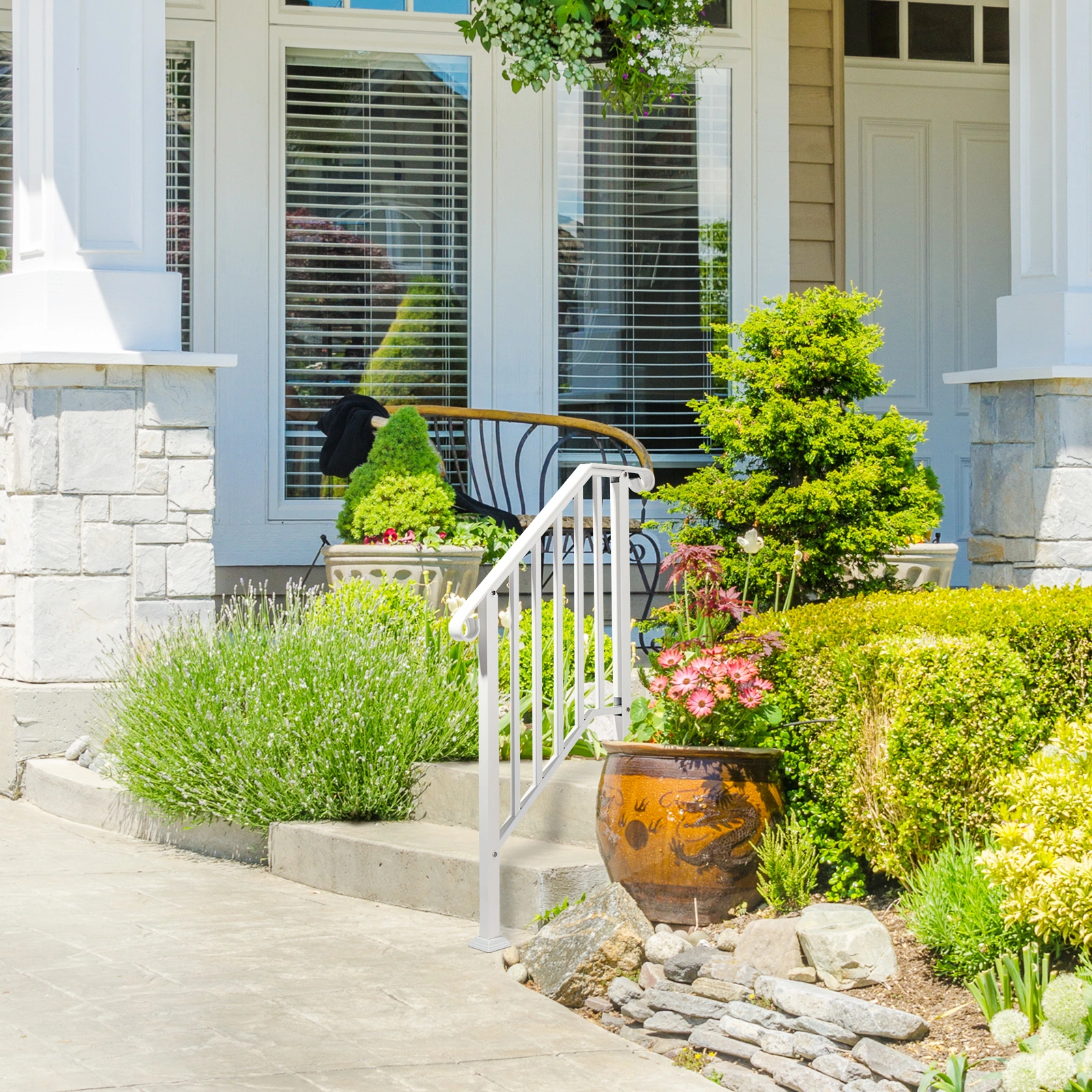 Handrails for Outdoor Steps, Iron Handrail Fits 2 Step, Transitional Handrail with Installation Kit, White view 8