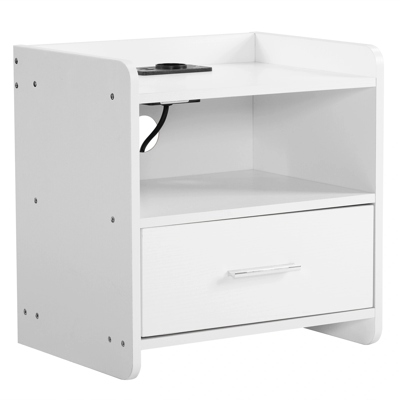 Modern White Bedside Table, 39x29x41cm Particleboard Nightstand with Single Drawer, Built-in Socket & LED Light view 2
