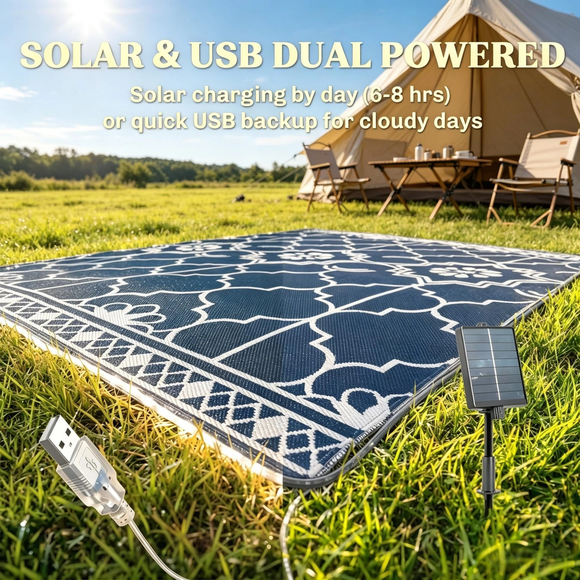 Reversible LED Light Outdoor Rug Carpet 12'x9' PP Straw Material with Carry Bag And Ground Stakes for Garden Patio Decor view 7