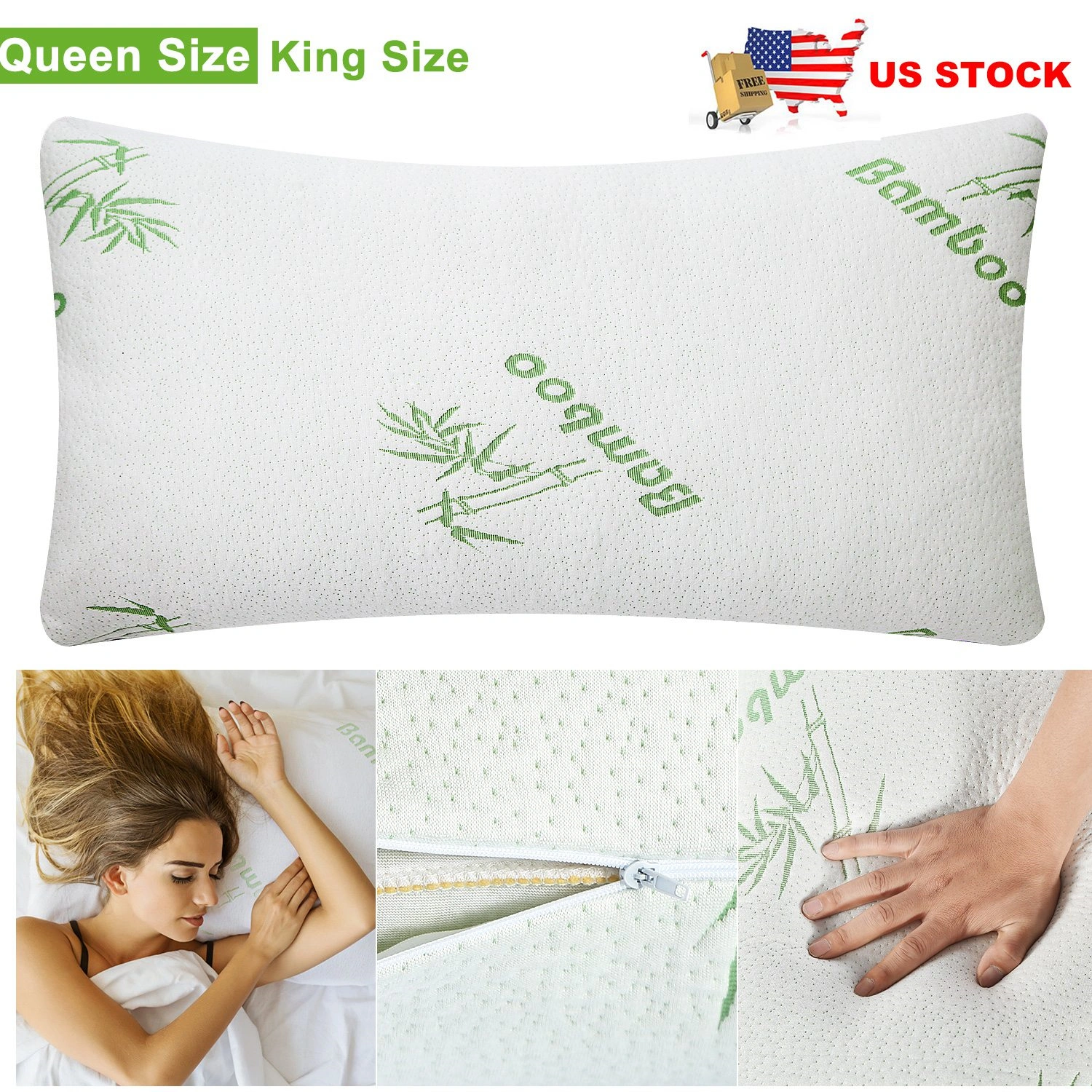 2Pcs Queen Bamboo Memory Foam Pillow Hypoallergenic Shredded Neck Head Rest Bed Pillow with Washable Cover view 2