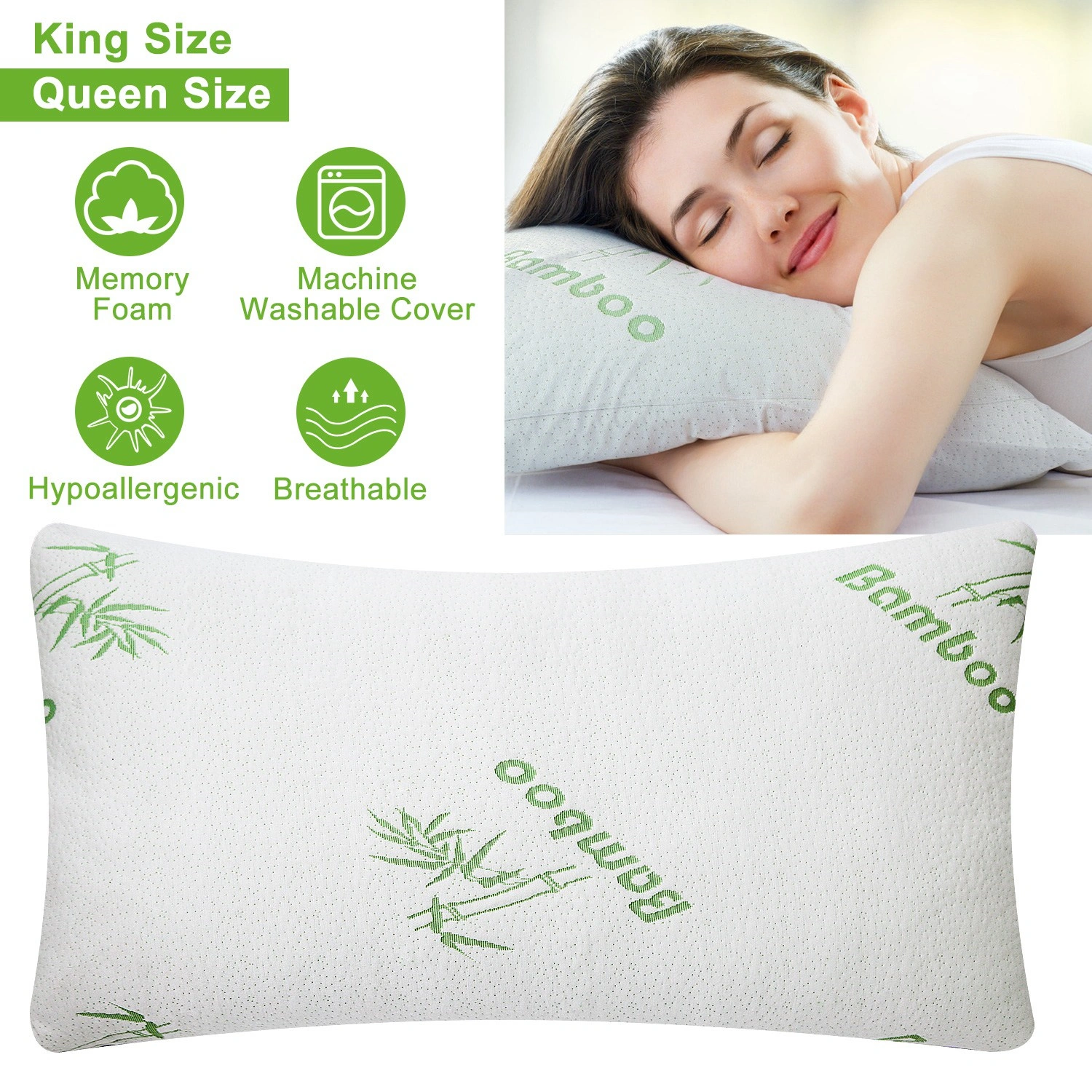 2Pcs Queen Bamboo Memory Foam Pillow Hypoallergenic Shredded Neck Head Rest Bed Pillow with Washable Cover view 4