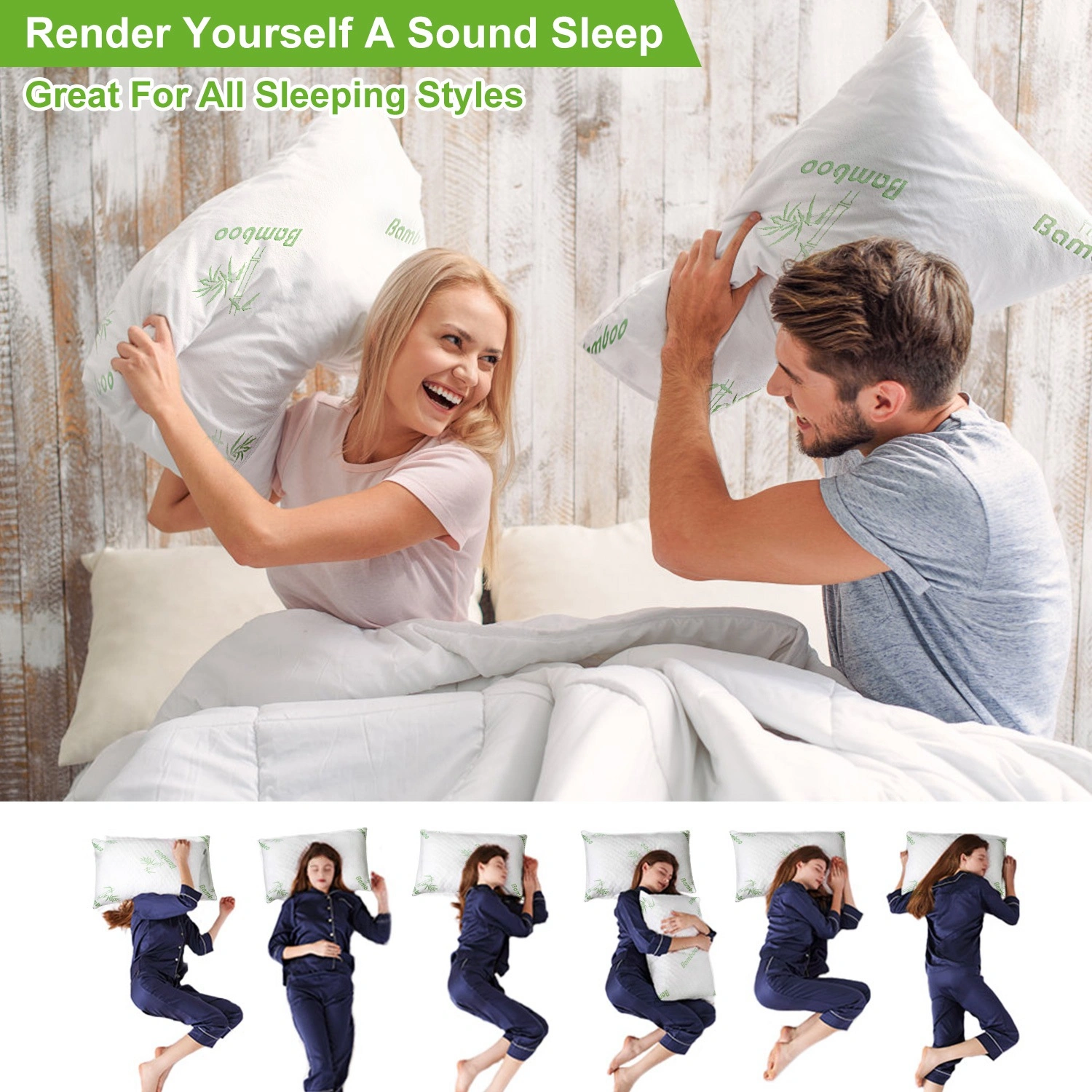 2Pcs Queen Bamboo Memory Foam Pillow Hypoallergenic Shredded Neck Head Rest Bed Pillow with Washable Cover view 5
