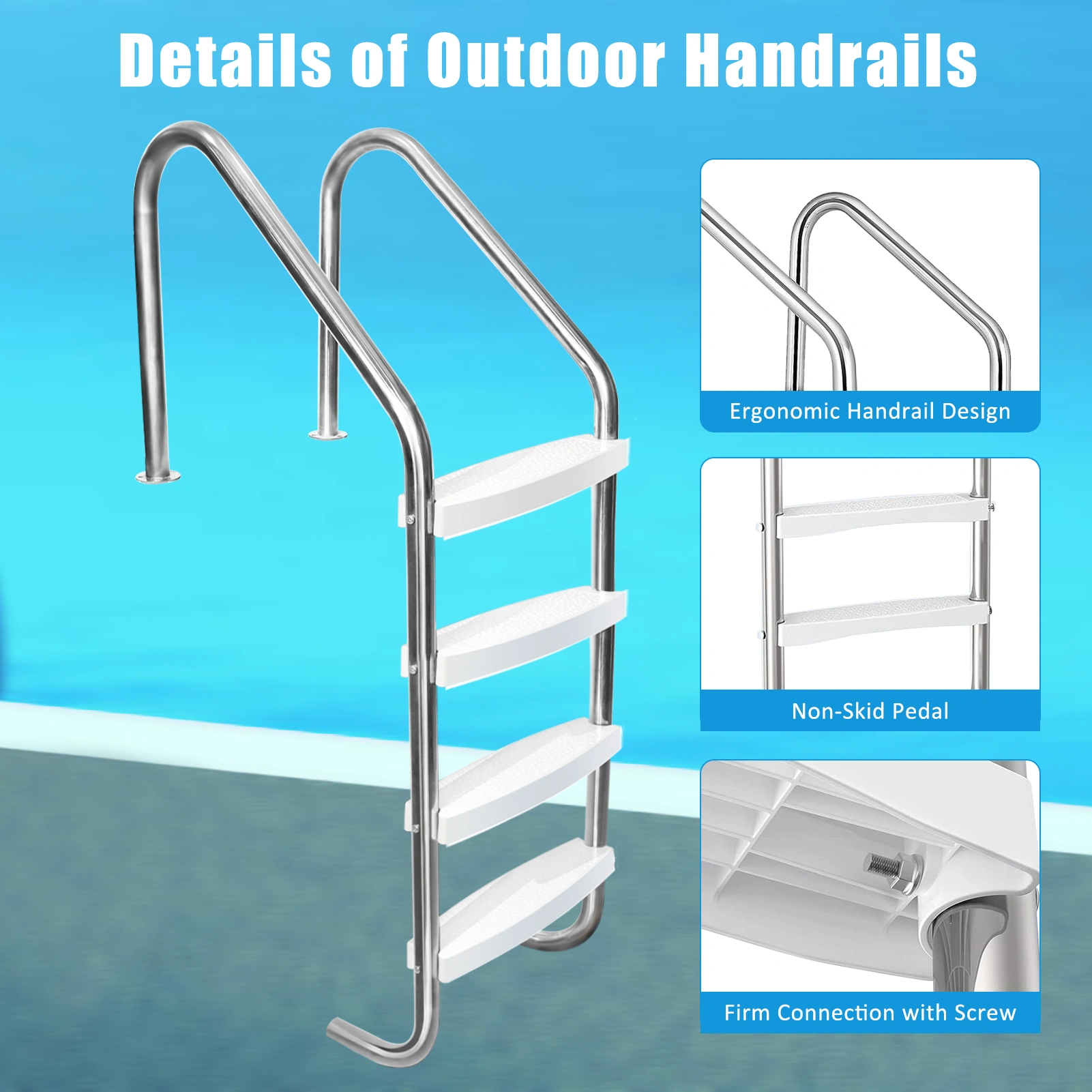 4 Step Swimming Pool Ladder, Stainless Steel Pool Steps for Inground Pools, Anti-Slip Plastic Pads, Easy Assembly view 3