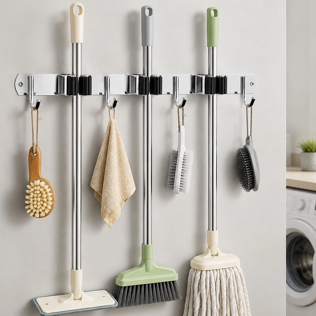 15 Inch Wall Mount Broom Holder Mop Organizer Adjustable Garage Garden Kitchen Storage view 5