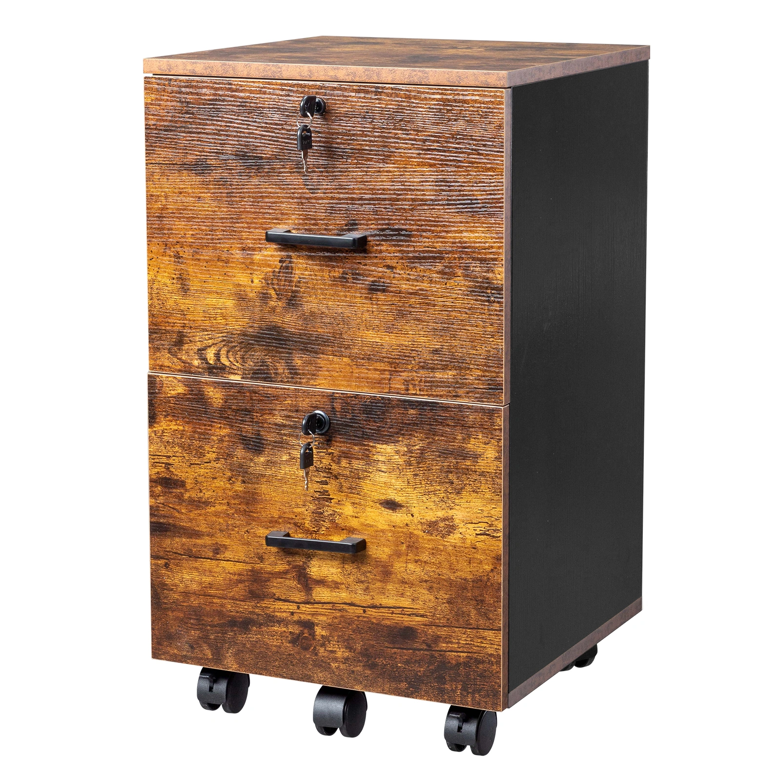 2-Drawer Rolling Wood File Cabinet with Lock, Brown & Black view 10
