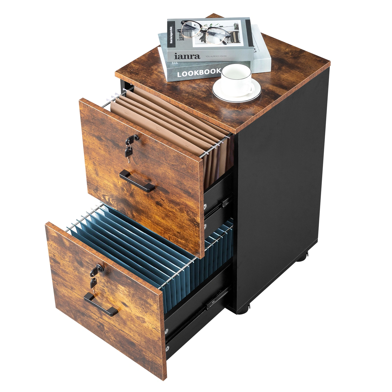 2-Drawer Rolling Wood File Cabinet with Lock, Brown & Black view 11