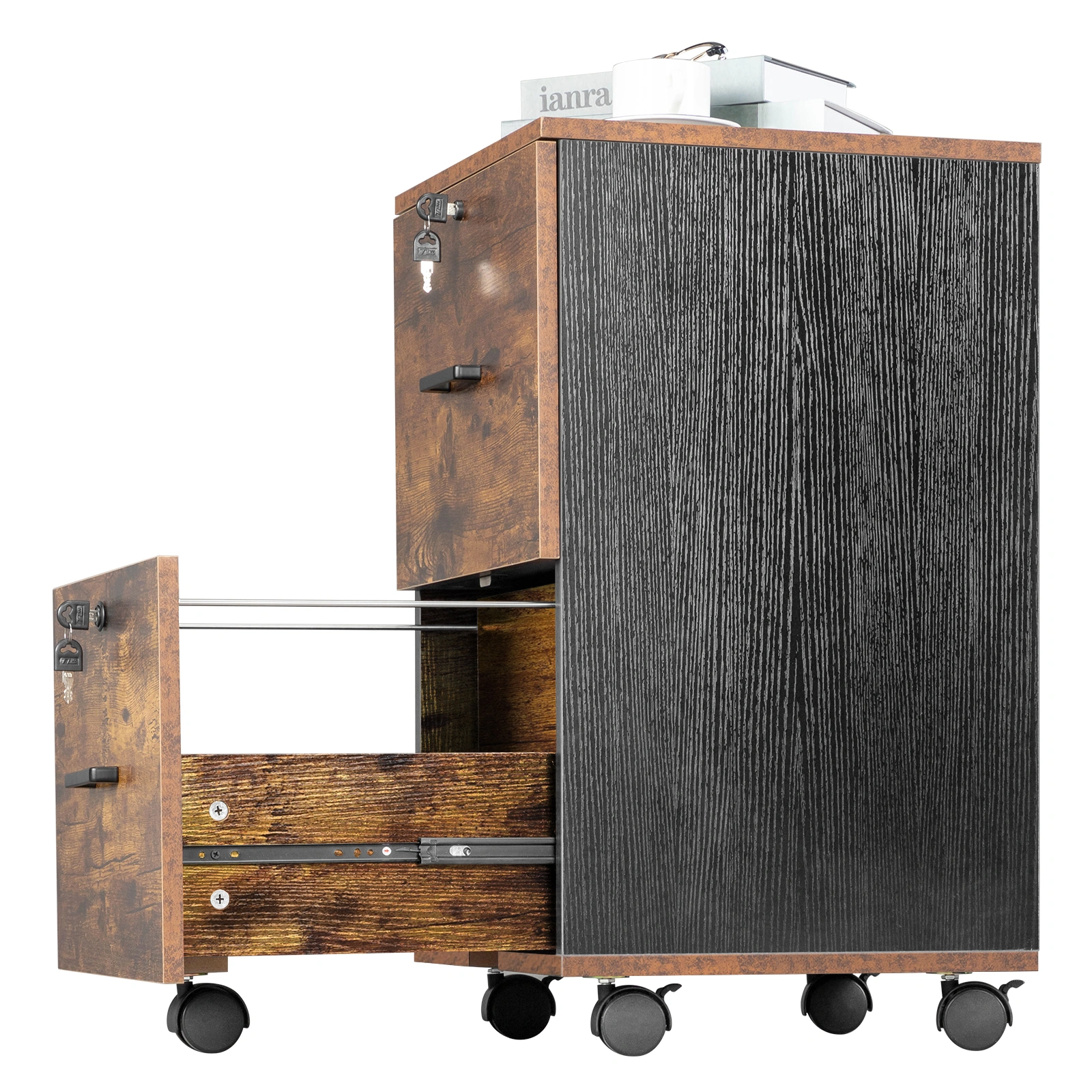 2-Drawer Rolling Wood File Cabinet with Lock, Brown & Black view 12