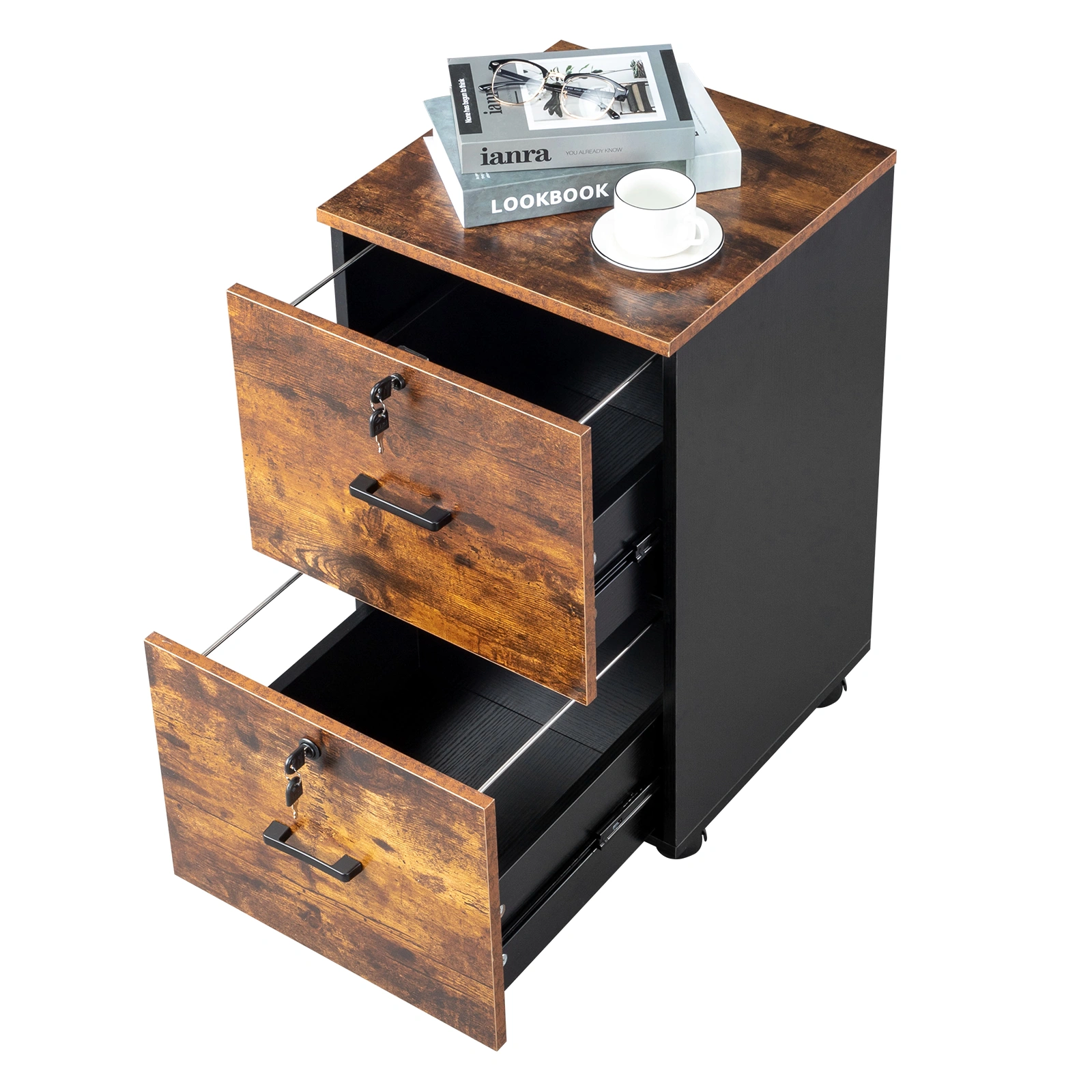 2-Drawer Rolling Wood File Cabinet with Lock, Brown & Black view 13