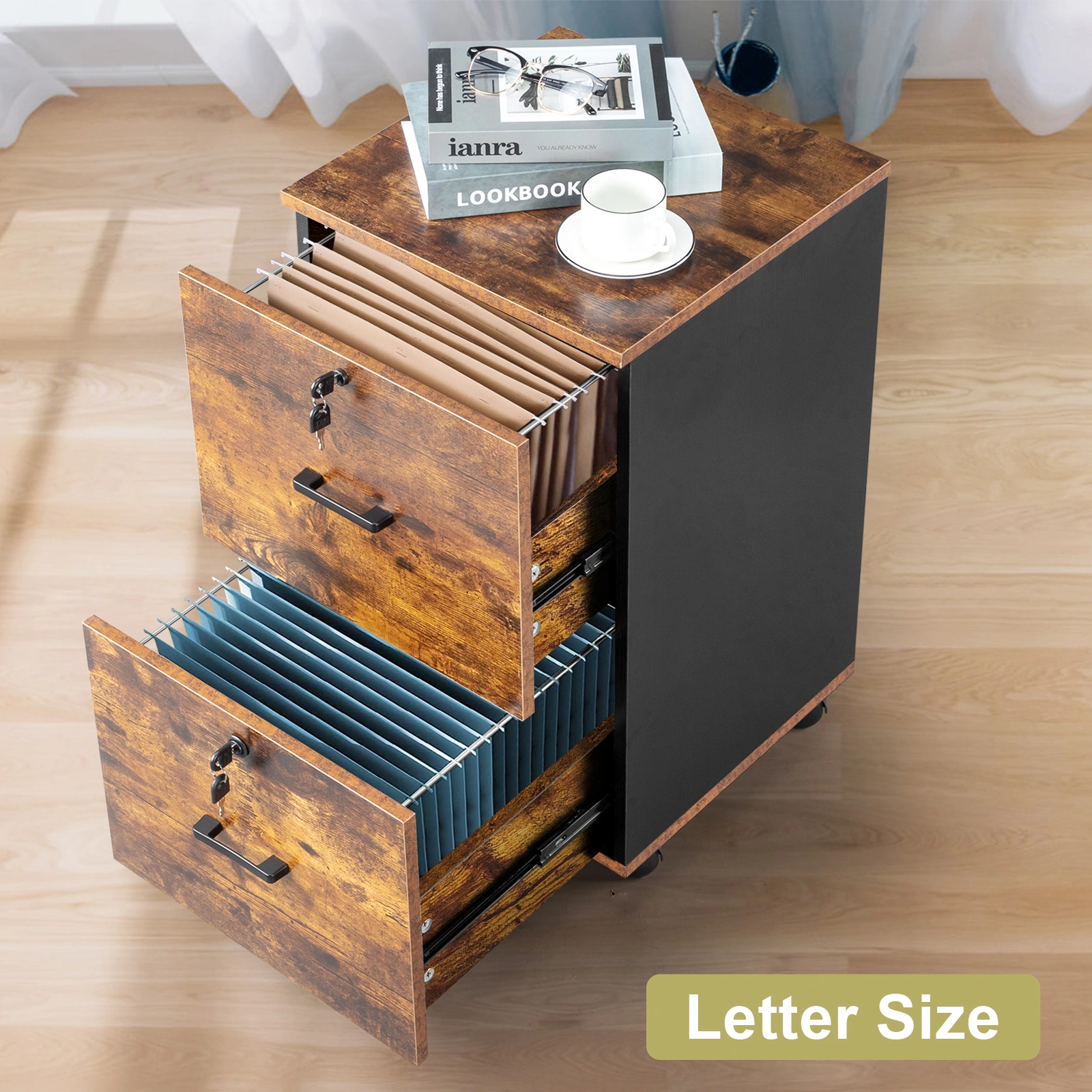 2-Drawer Rolling Wood File Cabinet with Lock, Brown & Black view 16