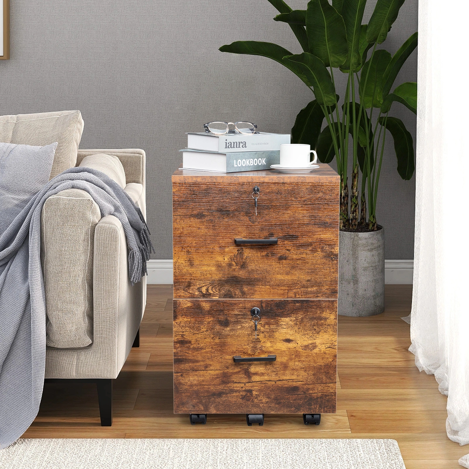 2-Drawer Rolling Wood File Cabinet with Lock, Brown & Black view 17