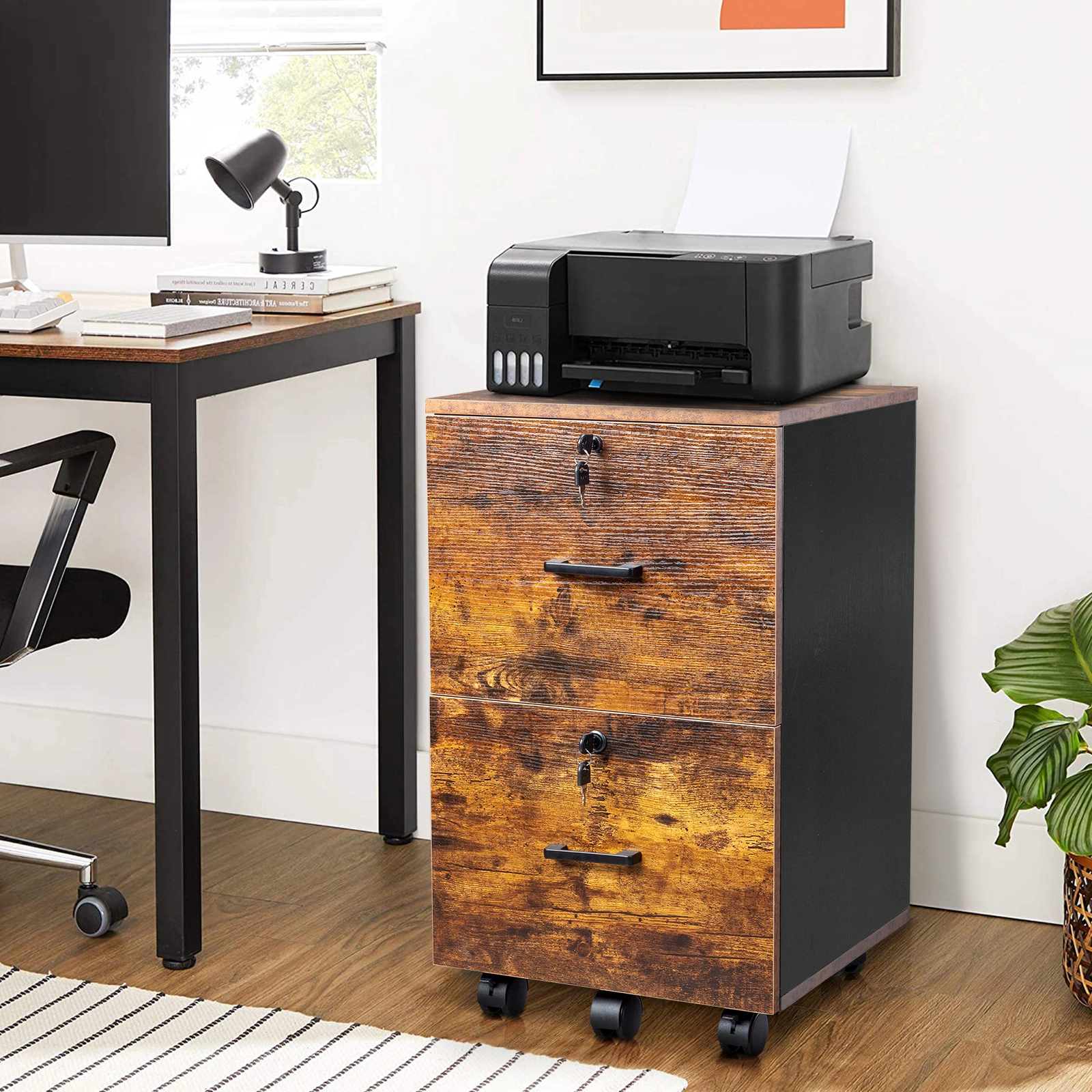 2-Drawer Rolling Wood File Cabinet with Lock, Brown & Black view 2