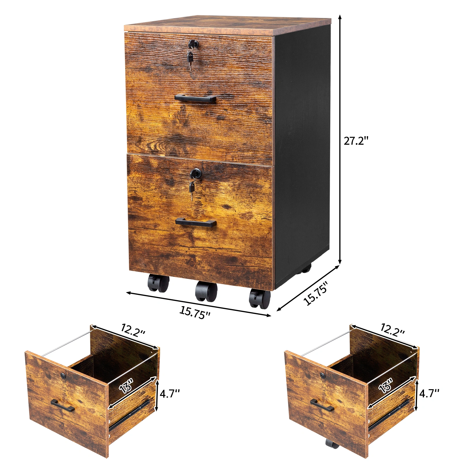 2-Drawer Rolling Wood File Cabinet with Lock, Brown & Black view 3